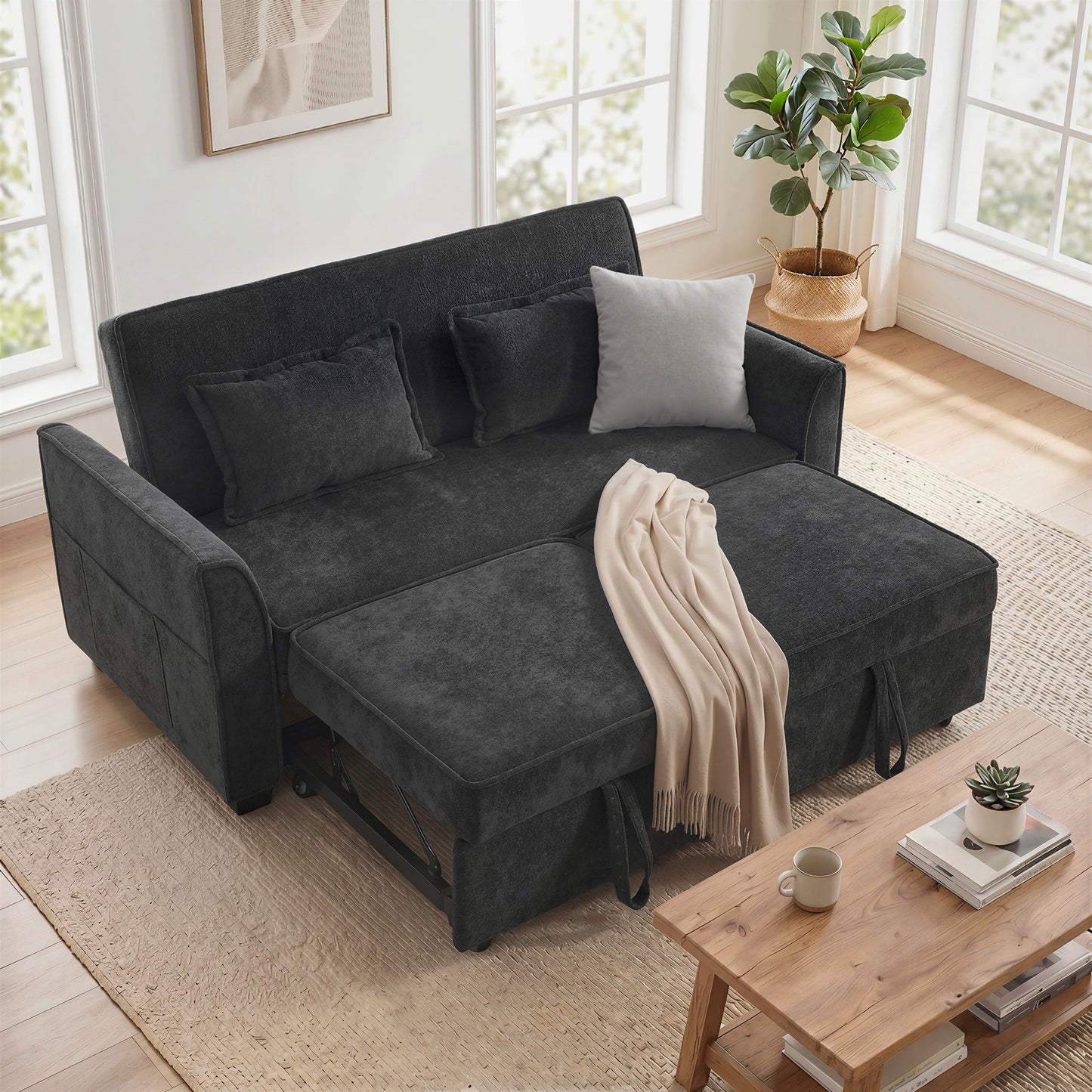 HOMCOM 2 Seater Sofa Bed 4 In 1 L Shaped Convertible Pull Out Sleeper With Adjustable Back And Side Pockets Black