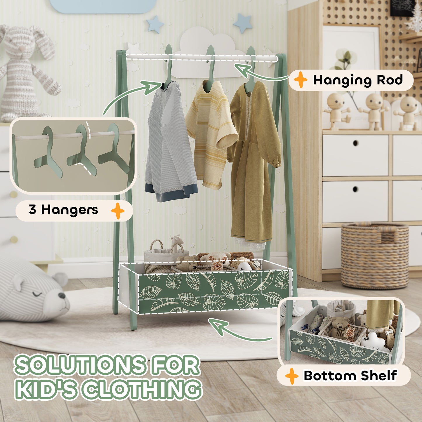 AIYAPLAY Baby Clothing Rack With Hangers And Storage Shelf For Bedroom Ages 3 To 6 Green Leaf Theme