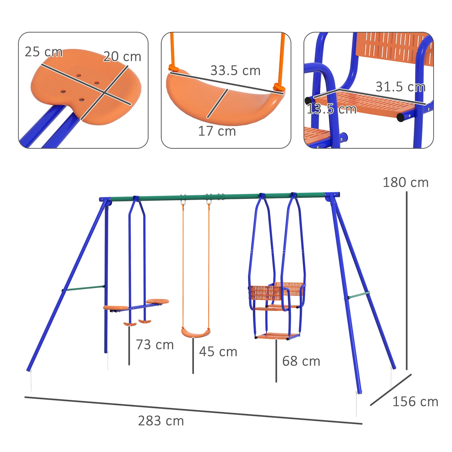 Outsunny 3-in-1 Colorful Metal Swing Set for Kids with Glider and Rocking Chair - ALL4U RETAILER LTD