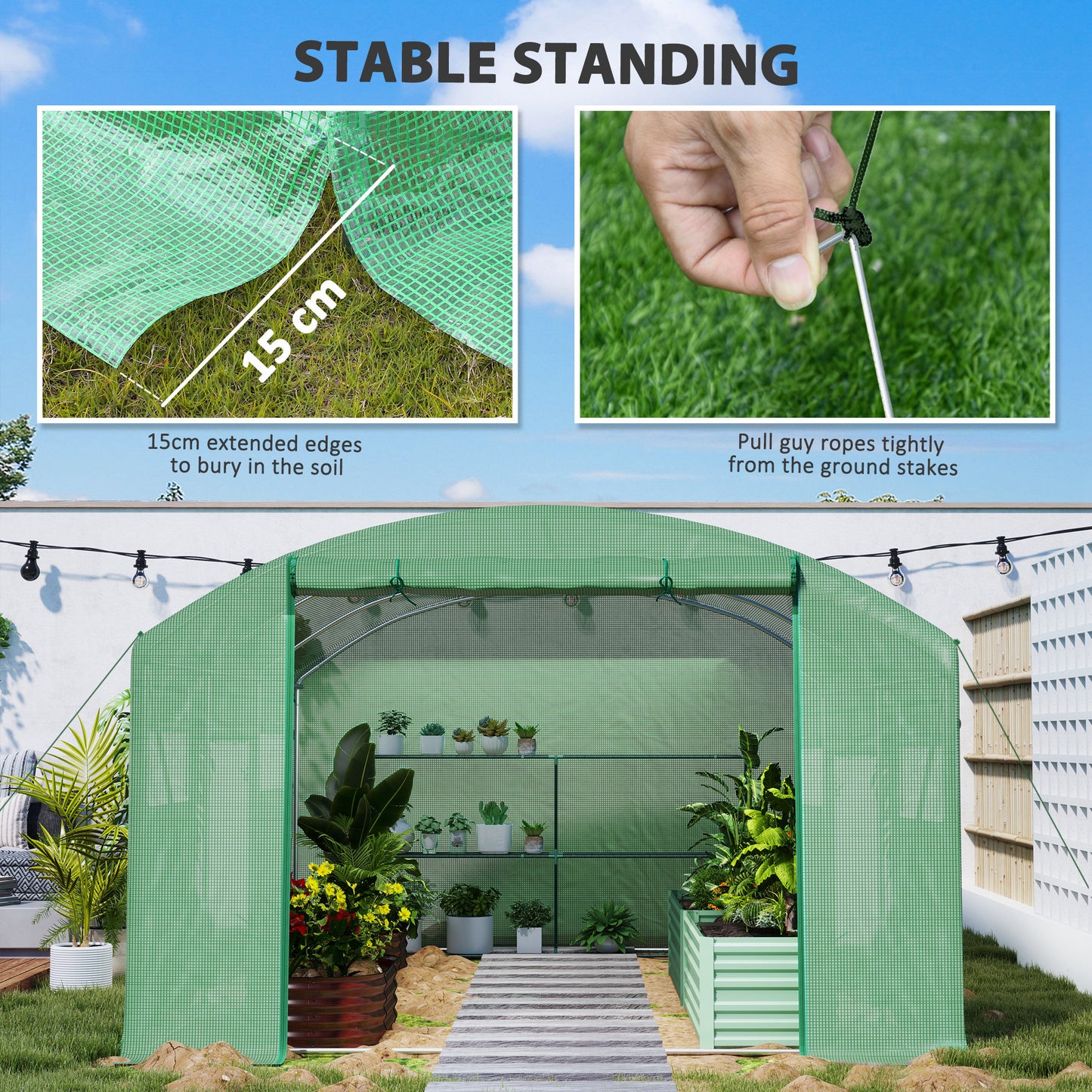 Outsunny 13 x 9.8 ft Walk-In Polytunnel Greenhouse With Roll-Up Doors And Mesh Windows 140gsm Cover