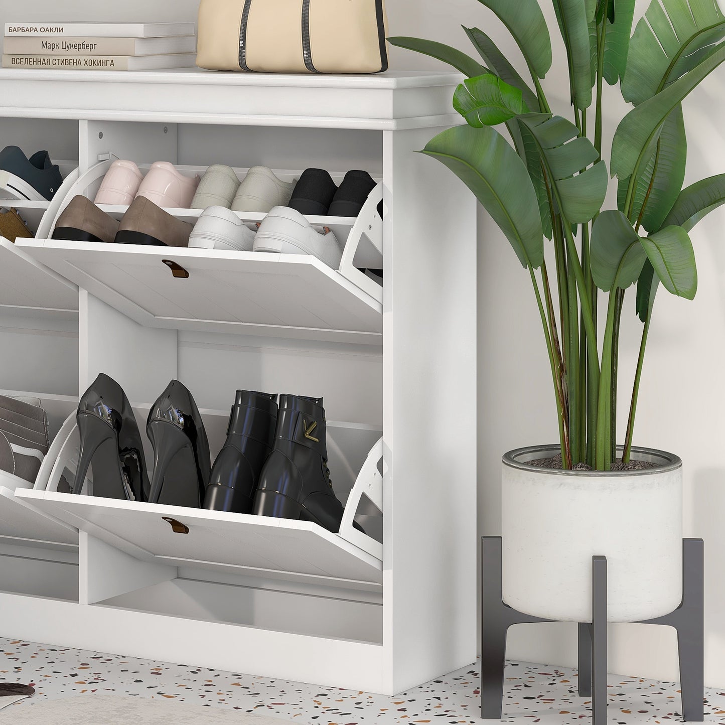 HOMCOM Slim Shoe Cabinet With Four Drop Down Doors Adjustable Shelves Anti Tip Design White