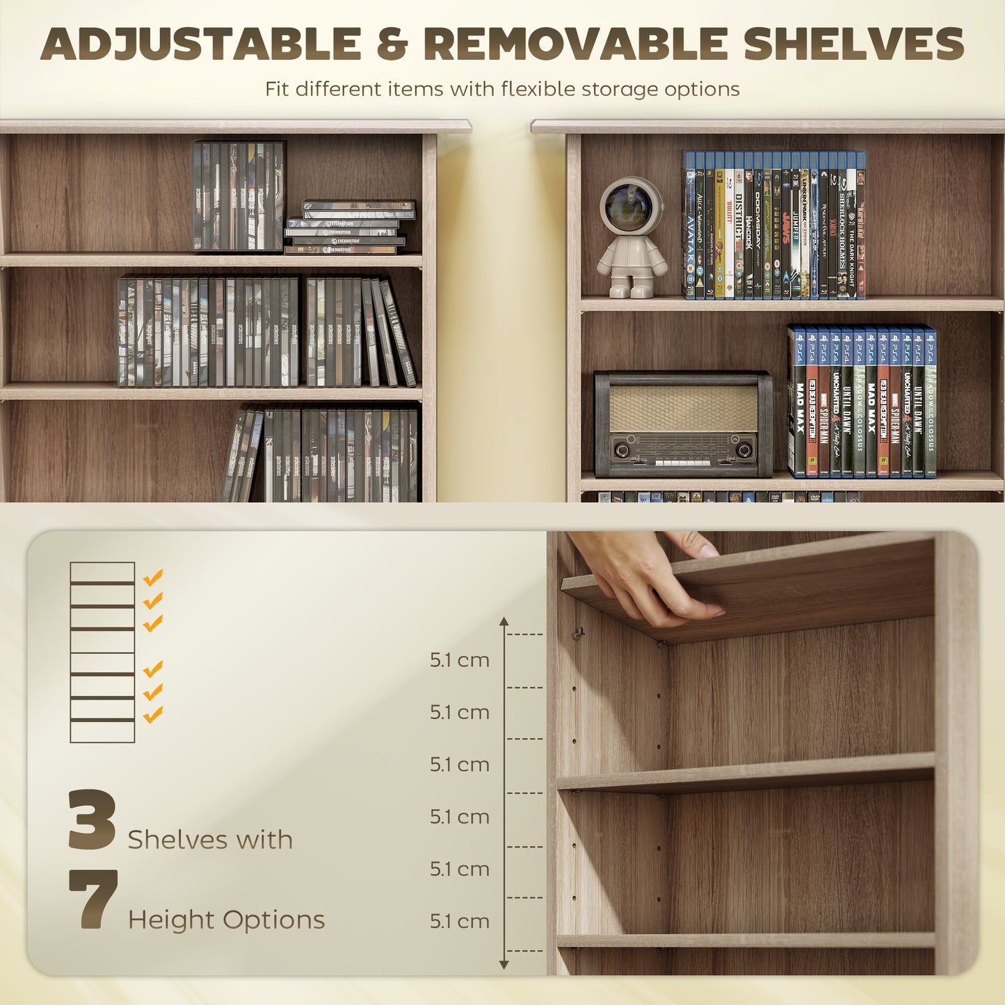 HOMCOM 360 CD DVD Storage Unit Natural Wood Finish With 8 Shelves Adjustable Shelf Space And Anti Tip Straps