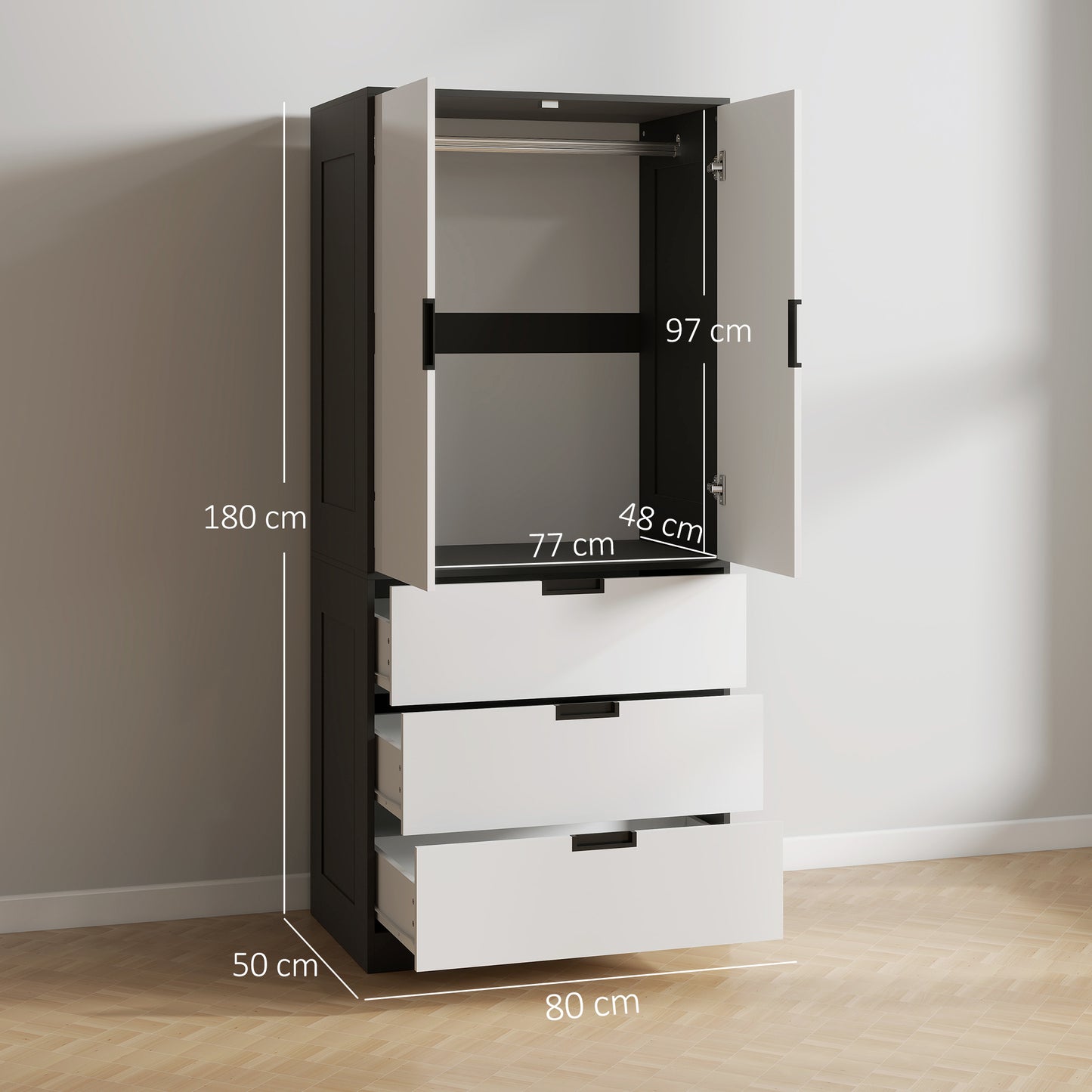 HOMCOM 2 Door Wardrobe with 3 Drawers and Hanging Rod in High Gloss White with Black Accents Modern Bedroom Storage