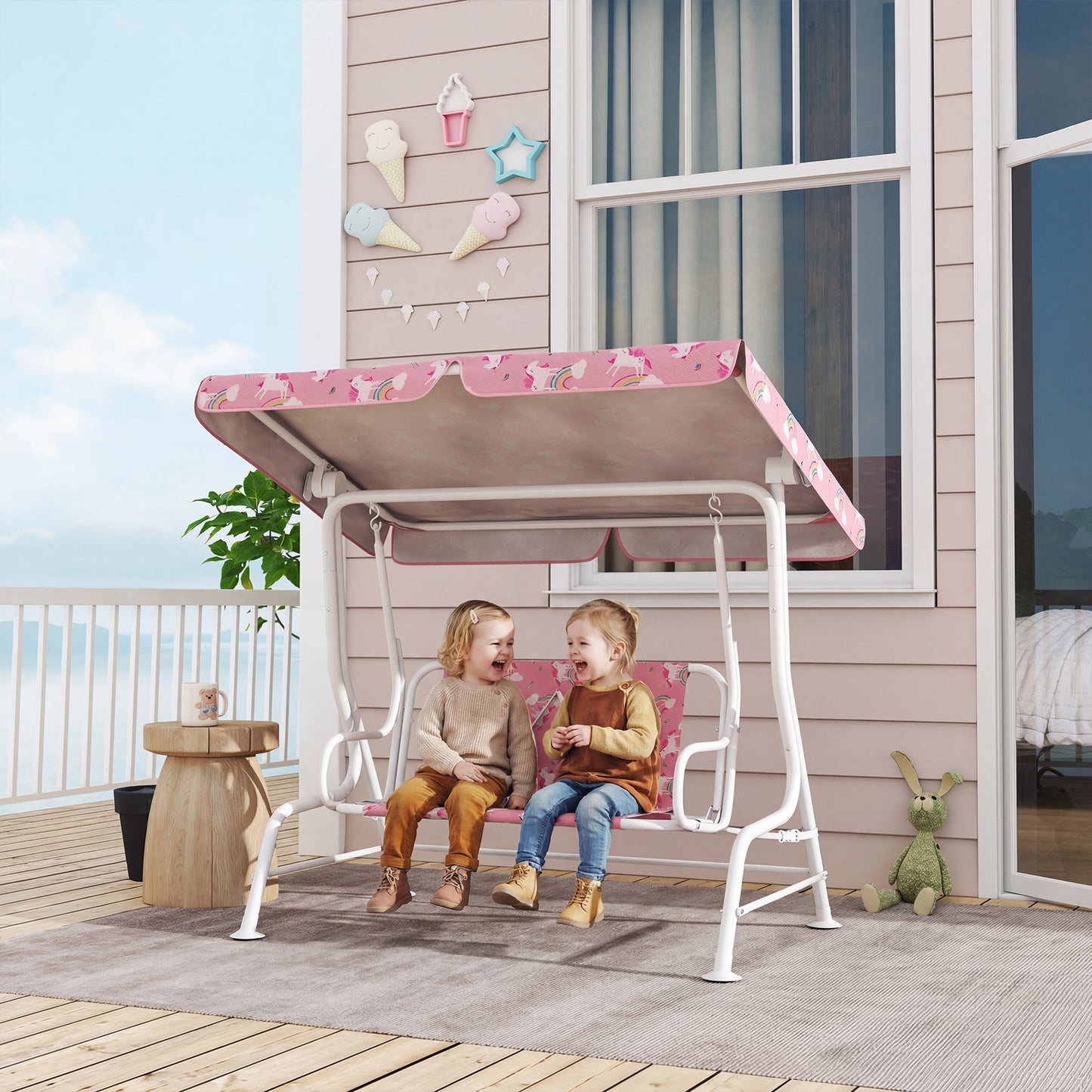 AIYAPLAY Pink 2 Seater Kids Porch Swing with Adjustable Canopy Garden Patio Hammock and Seat Belts Safari Animal Design