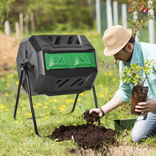 Outsunny 160L Dual Chamber Tumbling Compost Bin with 360° Rotation, Sliding Doors & Sturdy Steel Frame - Black - ALL4U RETAILER LTD