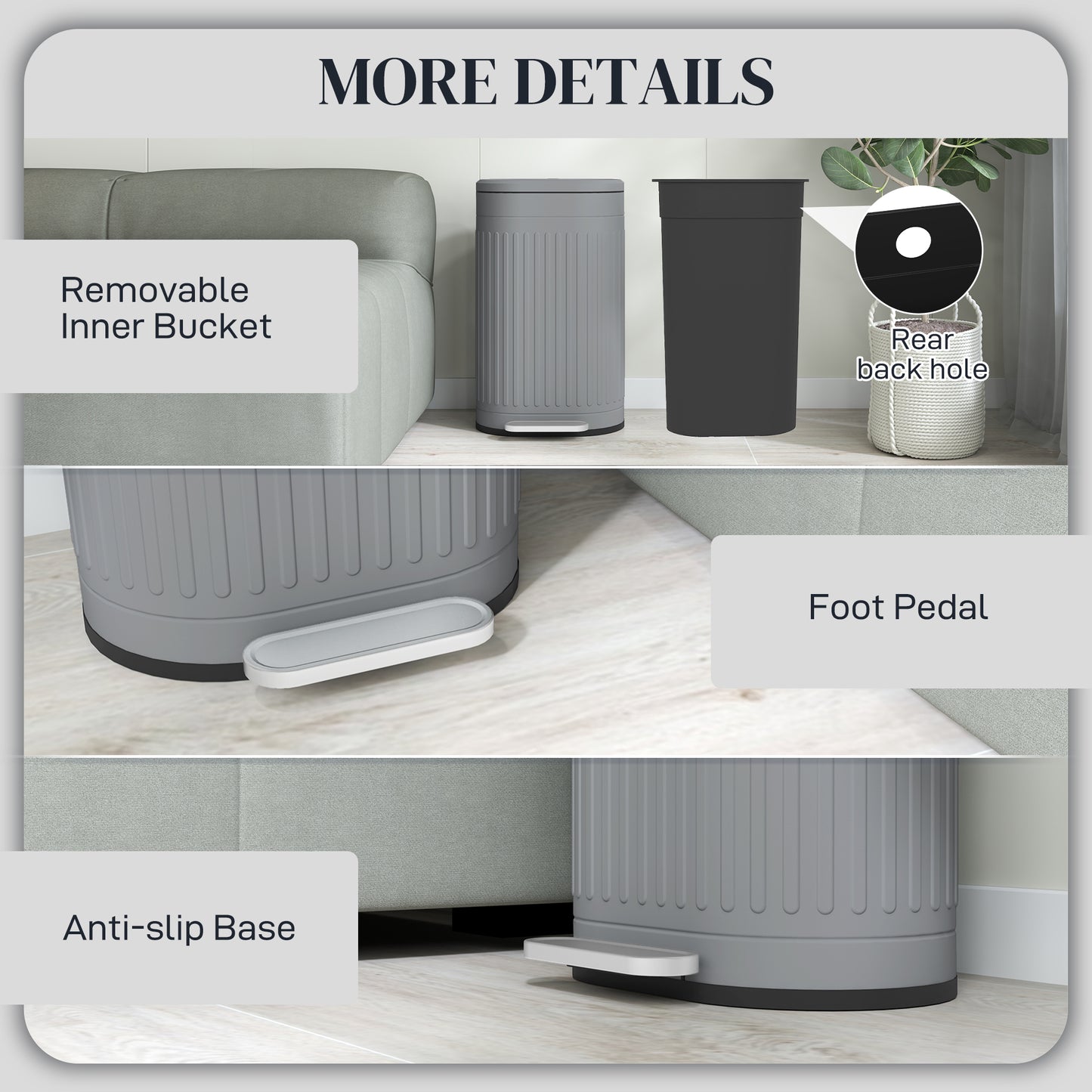 30L Grey Pedal Bin with Fingerprint-Proof Finish, Soft-Close Lid, and Removable Inner Bucket