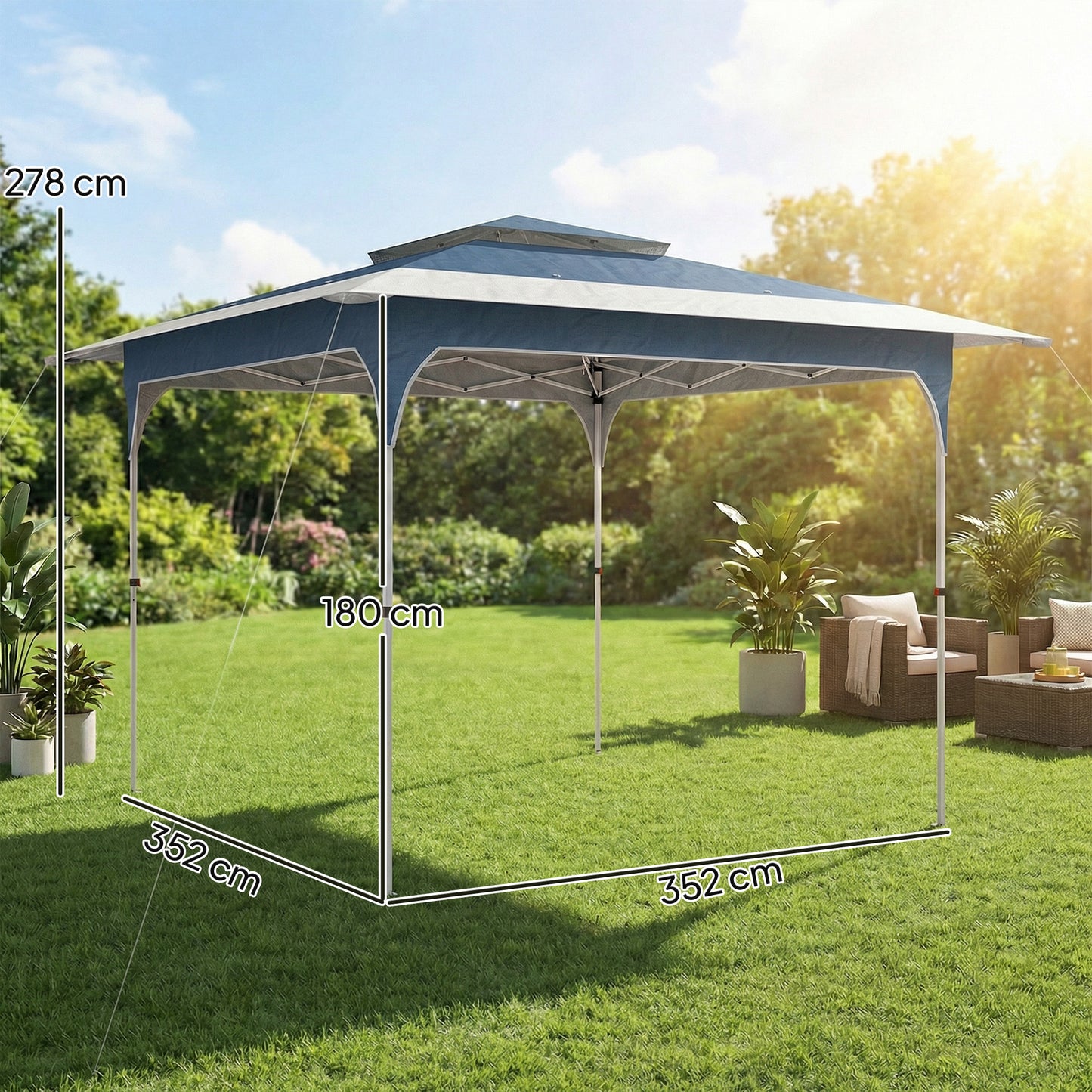 Outsunny 3.5 x 3.5 m Pop Up Gazebo With One Push Setup UPF 50 Plus Double Tier Canopy Garden Tent Carry Bag Blue