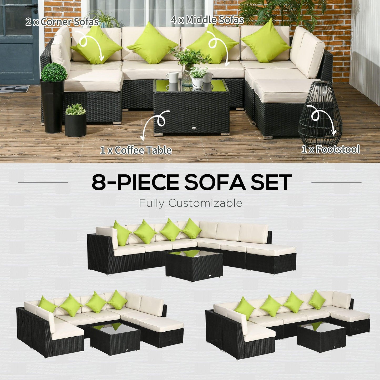 Outsunny 8-Piece Rattan Sofa Set, Outdoor Patio Furniture, Black - ALL4U RETAILER LTD