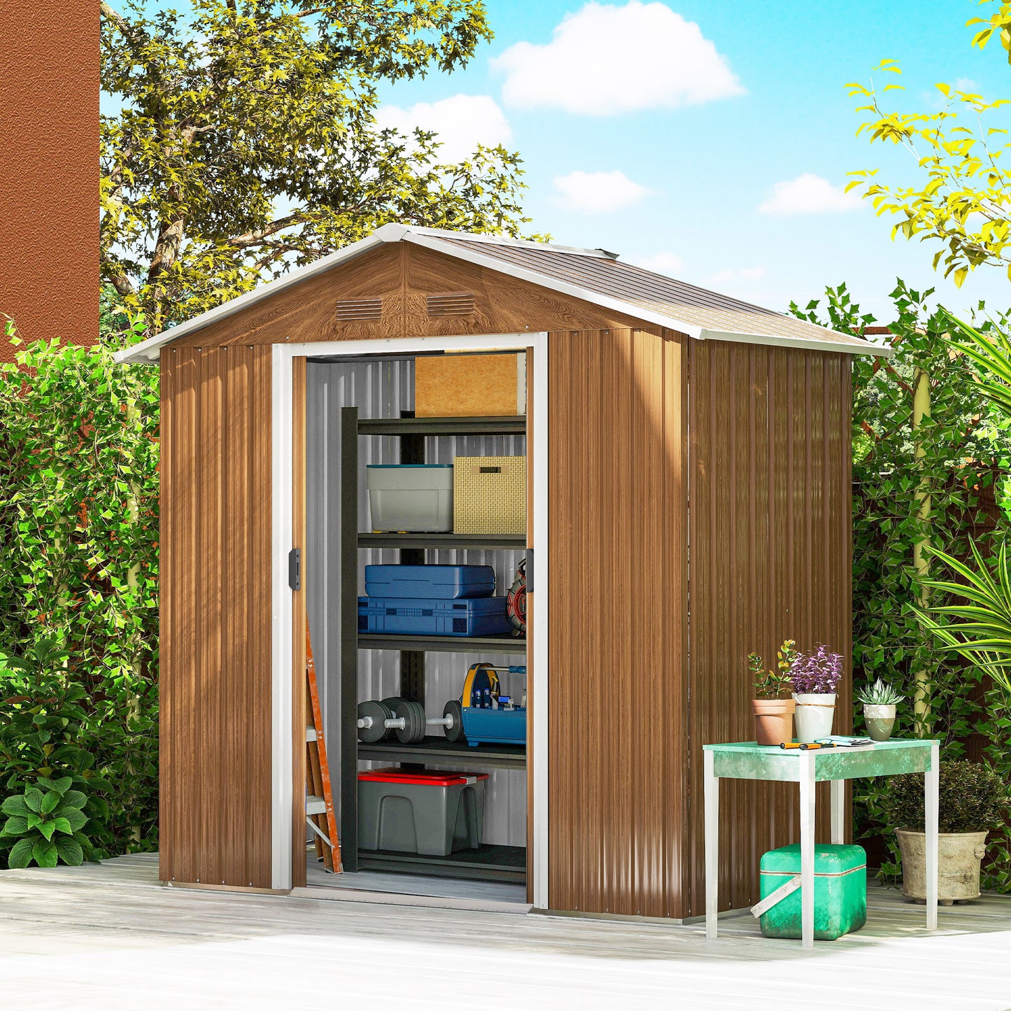 Outsunny Metal Garden Storage Shed Brown Wood Effect 6.5 x 3.5 Feet With Double Sliding Doors