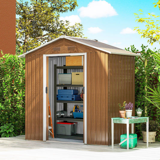 Outsunny Metal Garden Storage Shed Brown Wood Effect 6.5 x 3.5 Feet With Double Sliding Doors
