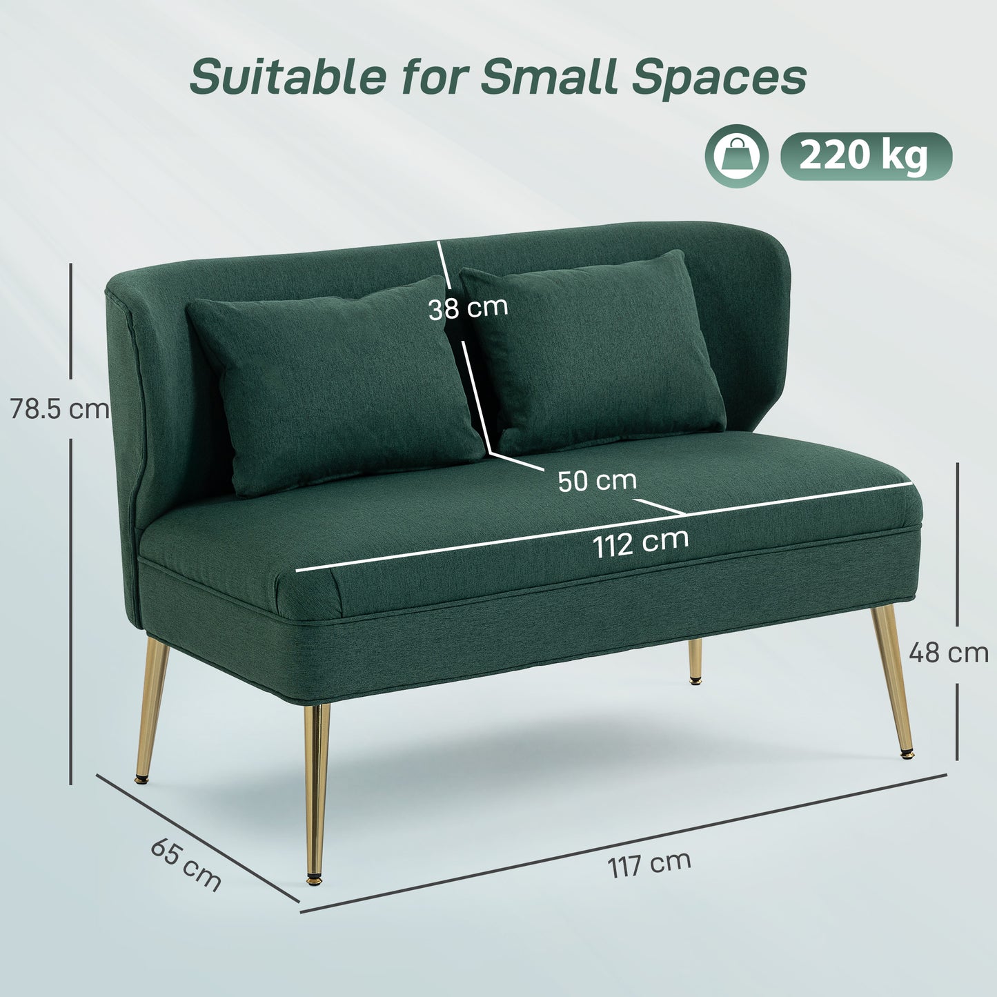HOMCOM 2 Seater Sofa With Wing Back In Linen Look Fabric Thick Padded Seat Metal Legs Dark Green
