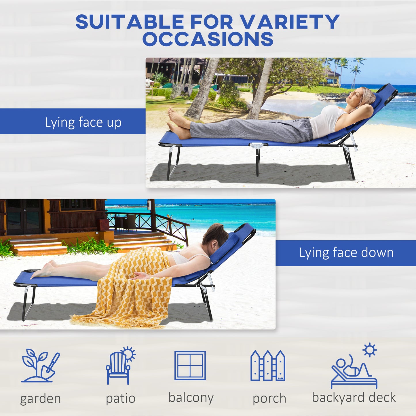 Outsunny Adjustable Outdoor Sun Lounger Set of 2 with Pillow and Reading Hole - Blue - ALL4U RETAILER LTD