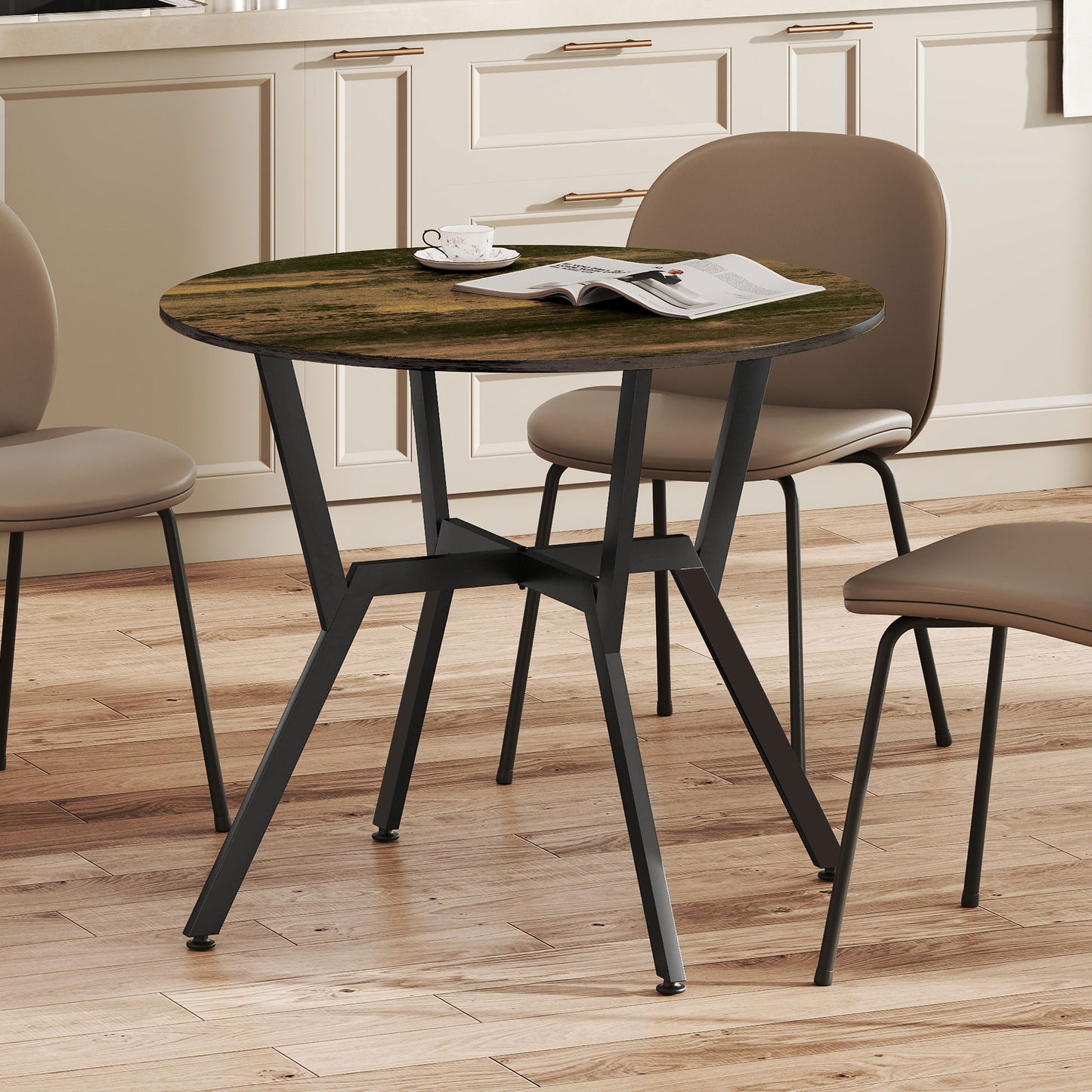 HOMCOM Round Dining Table With Black Legs Rustic Brown 90 By 76 Cm Anti Slip Foot Pads For Living Room And Dining Room