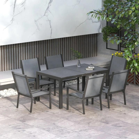Outsunny 7-Piece Garden Dining Set with Wood-Plastic Composite Dining Table - Outdoor Table and 6 Stackable Armchairs, Light Grey - ALL4U RETAILER LTD