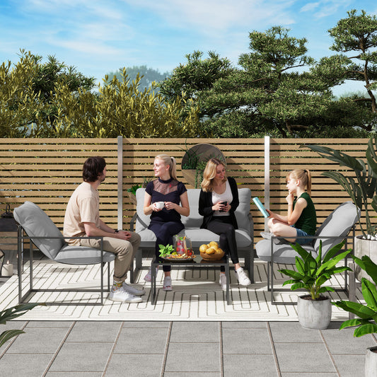 Outsunny Four Piece Relaxed Back Garden Dining Set Black And Light Grey With Steel Frame And Thick Cushioned Seats