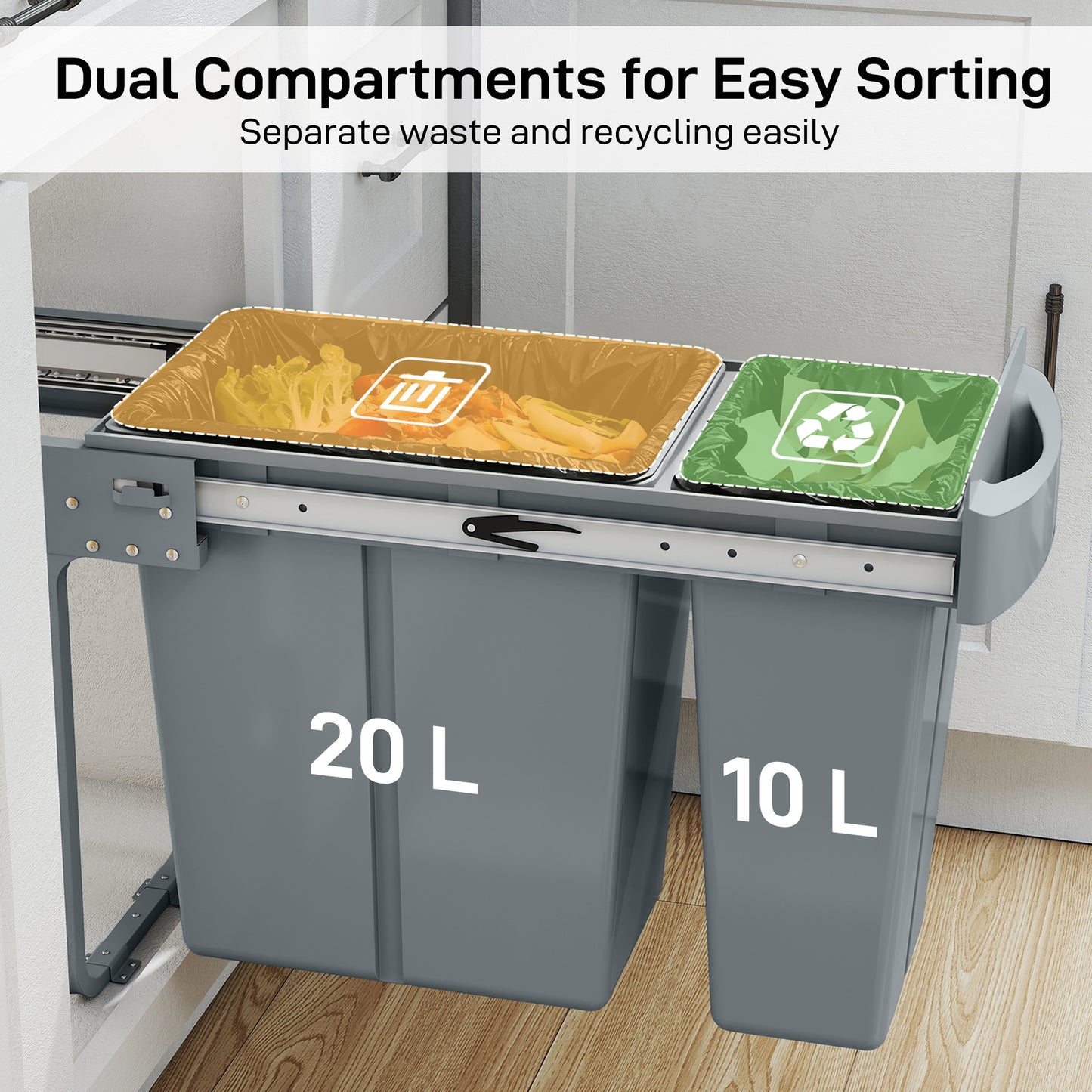HOMCOM 2 Bin Under Sink Kitchen Trash Bin With Dual 20L And 10L Compartments Removable Bins Diamond Pattern Lid Gray