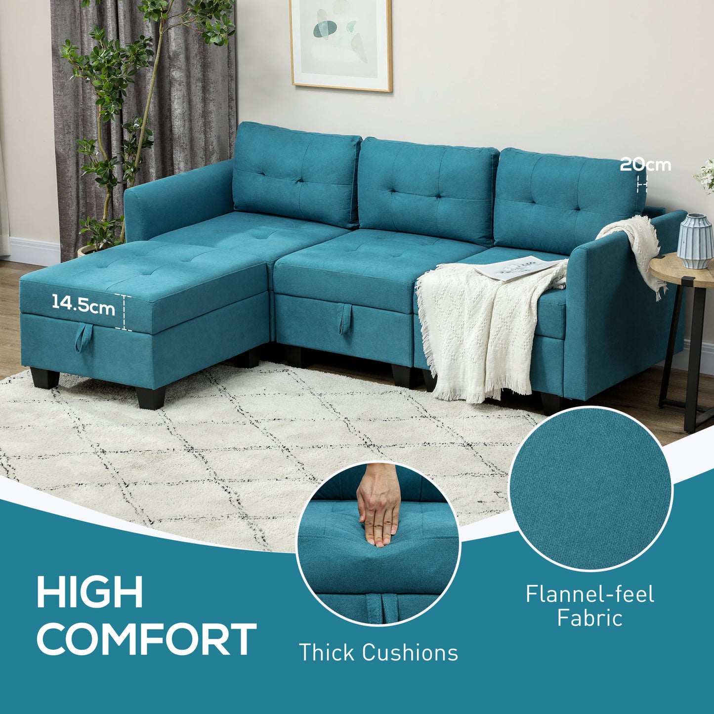 HOMCOM L Shape Modular Sofa With Storage Light Blue Corner Sofa Set For Living Room Flexible Layout