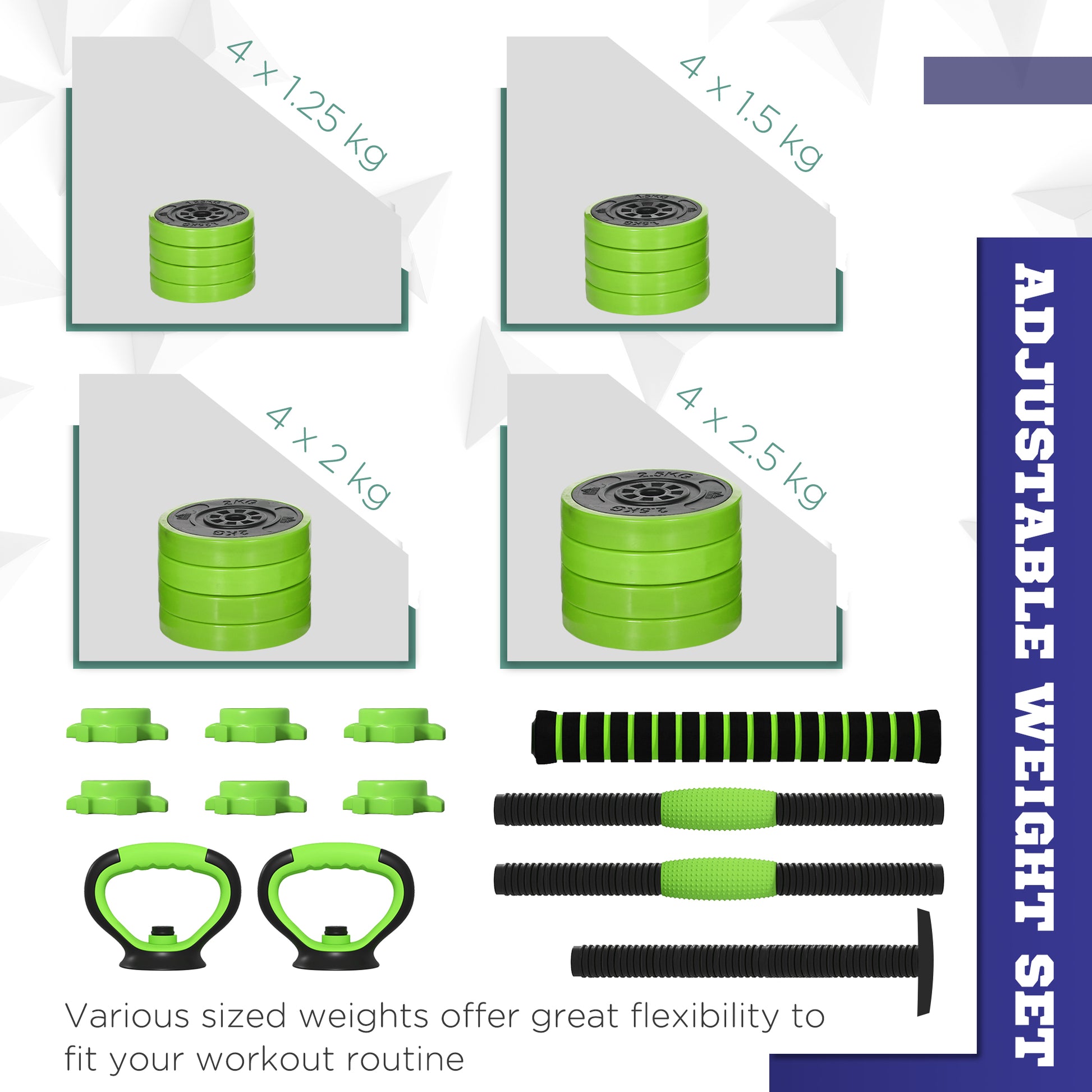 SPORTNOW 30kg Multi-Function Adjustable Dumbbell Set - Weights, Barbell, Kettlebell & Push-Up Stand - Green - ALL4U RETAILER LTD