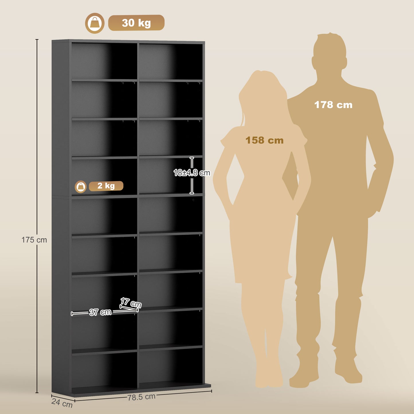 HOMCOM 640 CD Storage Tower Black With 14 Adjustable Shelves Holds 640 CDs Or 360 DVDs Anti Tipping