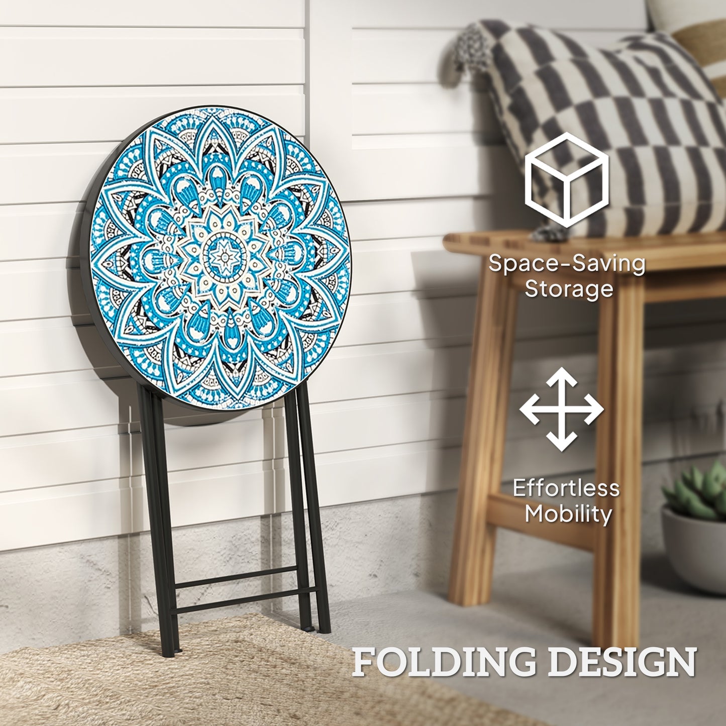 Outsunny Mosaic Outdoor Garden Table 35.5cm Round Folding Coffee Table With Metal Frame Blue For Balcony Terrace