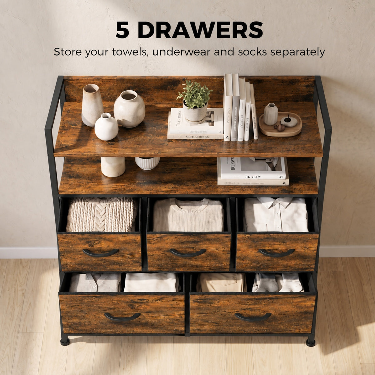 Rustic brown dresser with 5 drawers and open top shelves for storage