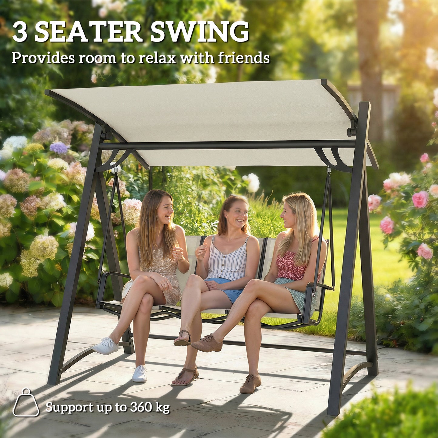 Outsunny 3 Seater Garden Swing Chair With Adjustable Tilting Canopy And Breathable Mesh Seat 360 Kg Capacity White