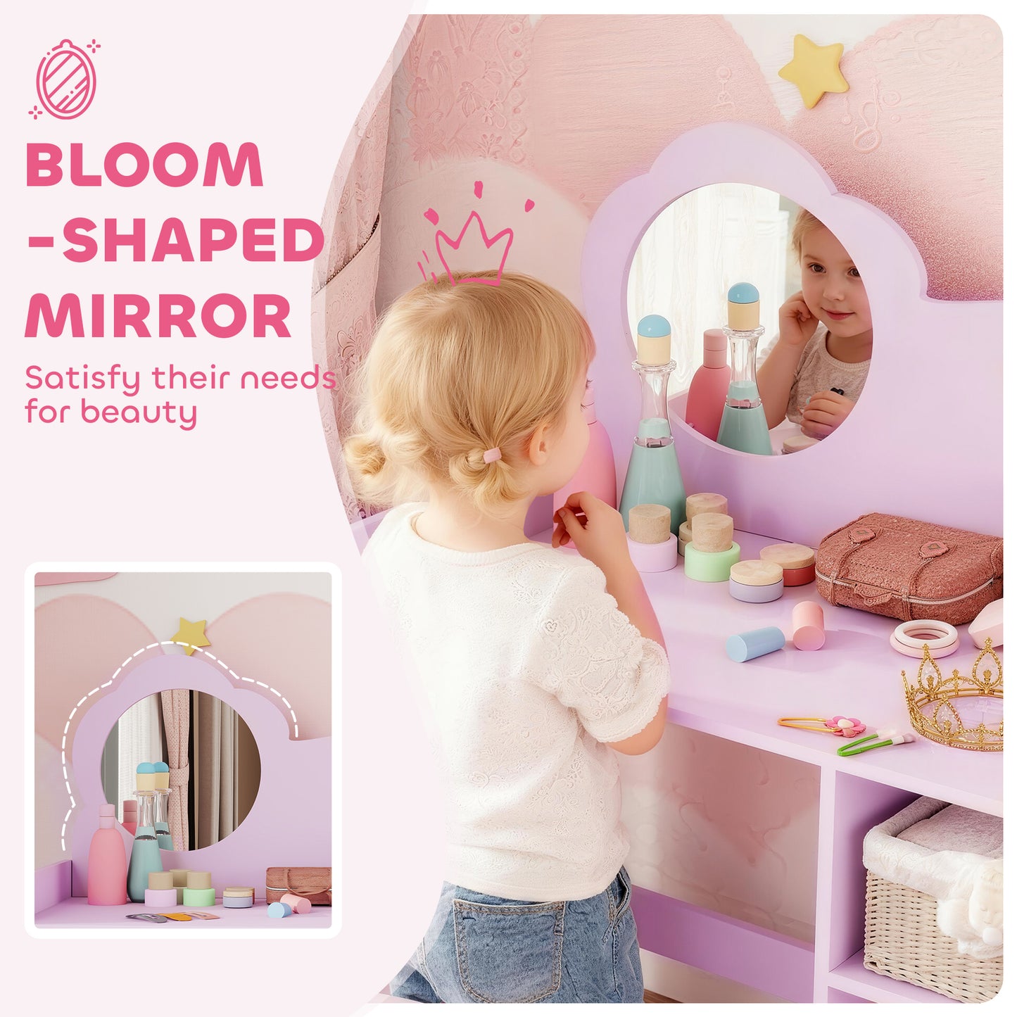 AIYAPLAY Kids Dressing Table With Mirror And Stool Vanity Table With Shelves For Ages 3 To 8 Purple