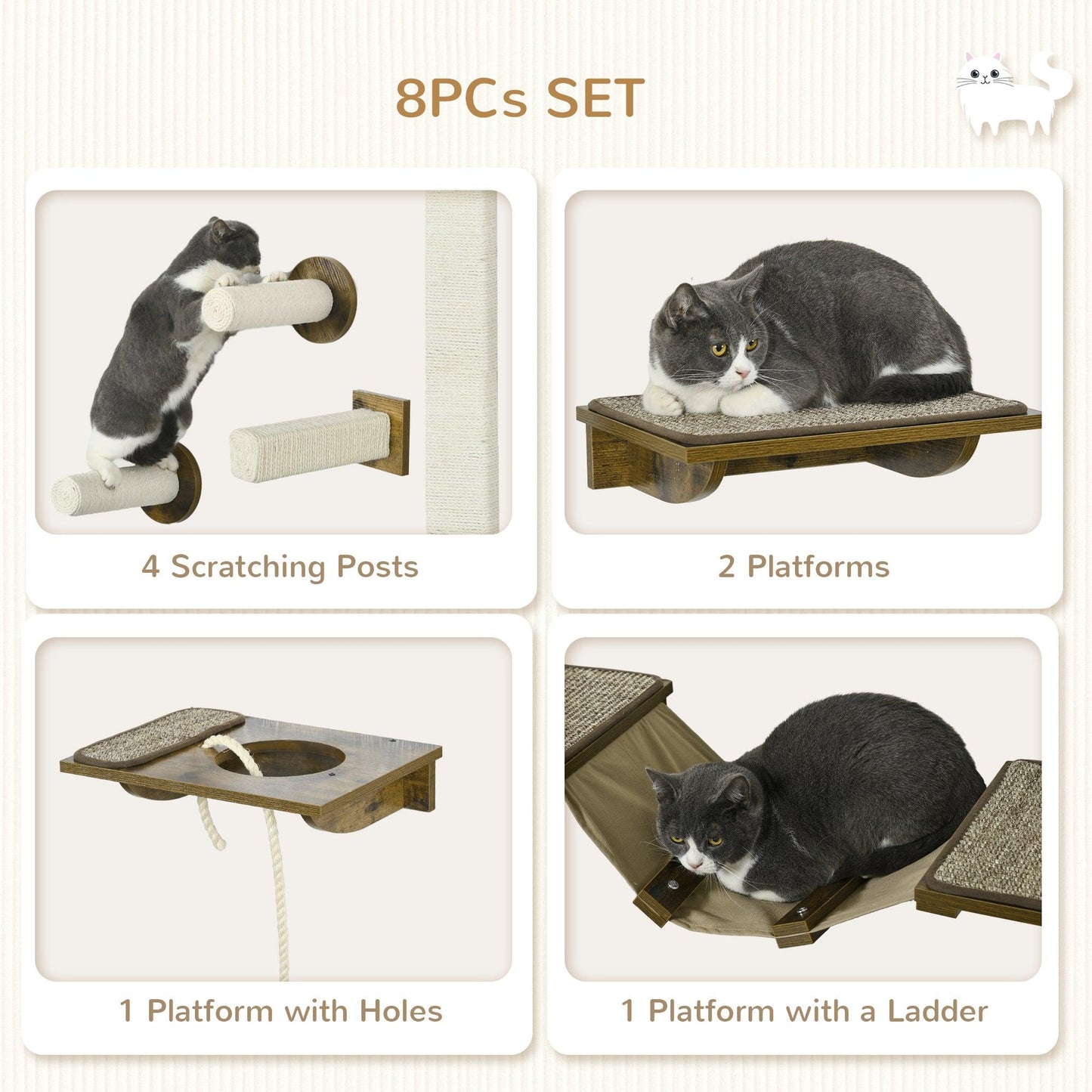 PawHut 8Pcs Cat Shelves with Scratching Posts, Perches, Ladder for Sleeping - ALL4U RETAILER LTD