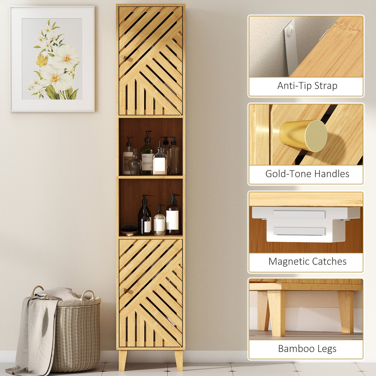 HOMCOM Tall Bamboo Door Bathroom Cabinet With Upper And Lower Cupboards And Adjustable Shelves Natural Finish
