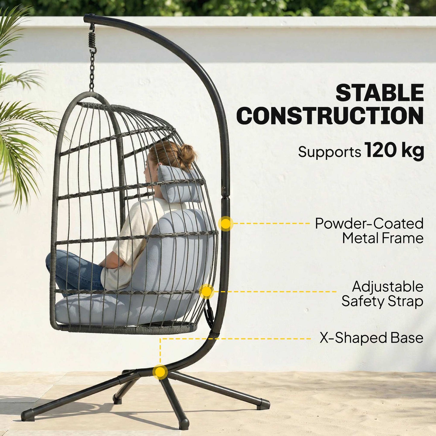 Outsunny Hanging Egg Chair With Stand, Indoor Outdoor Swing Chair With Cushion, Adjustable Height, Safety Strap, Grey