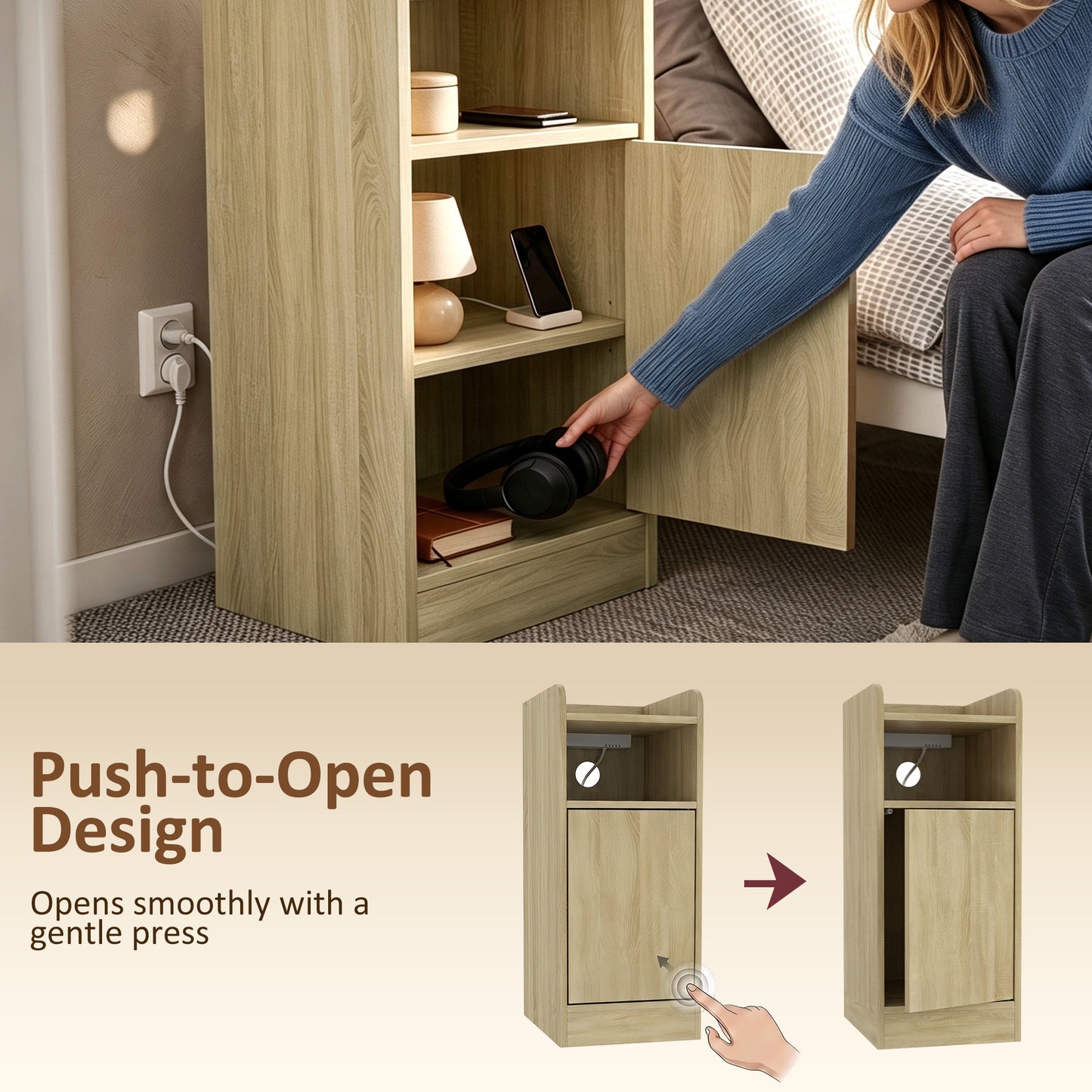 HOMCOM Slim Bedside Table Set Of 2 Oak With Charging Station