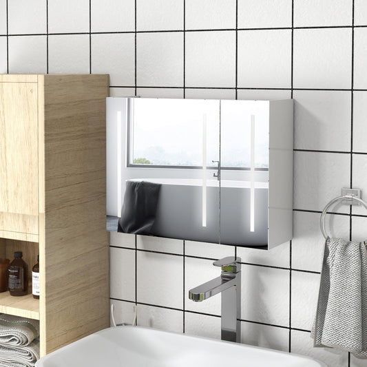 Kleankin Bathroom Wall Wardrobe with Light, Bathroom Storage Cupboard with USB Charge, Adjustable Shelf, 90L x 15H x 70Dcm, White - ALL4U RETAILER LTD