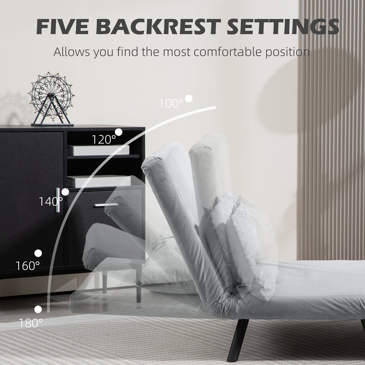 HOMCOM 4 in 1 Velvet Feel Double Sofa Bed With Pillows In Light Grey Steel Frame Five Position Back Thick Foam Padding
