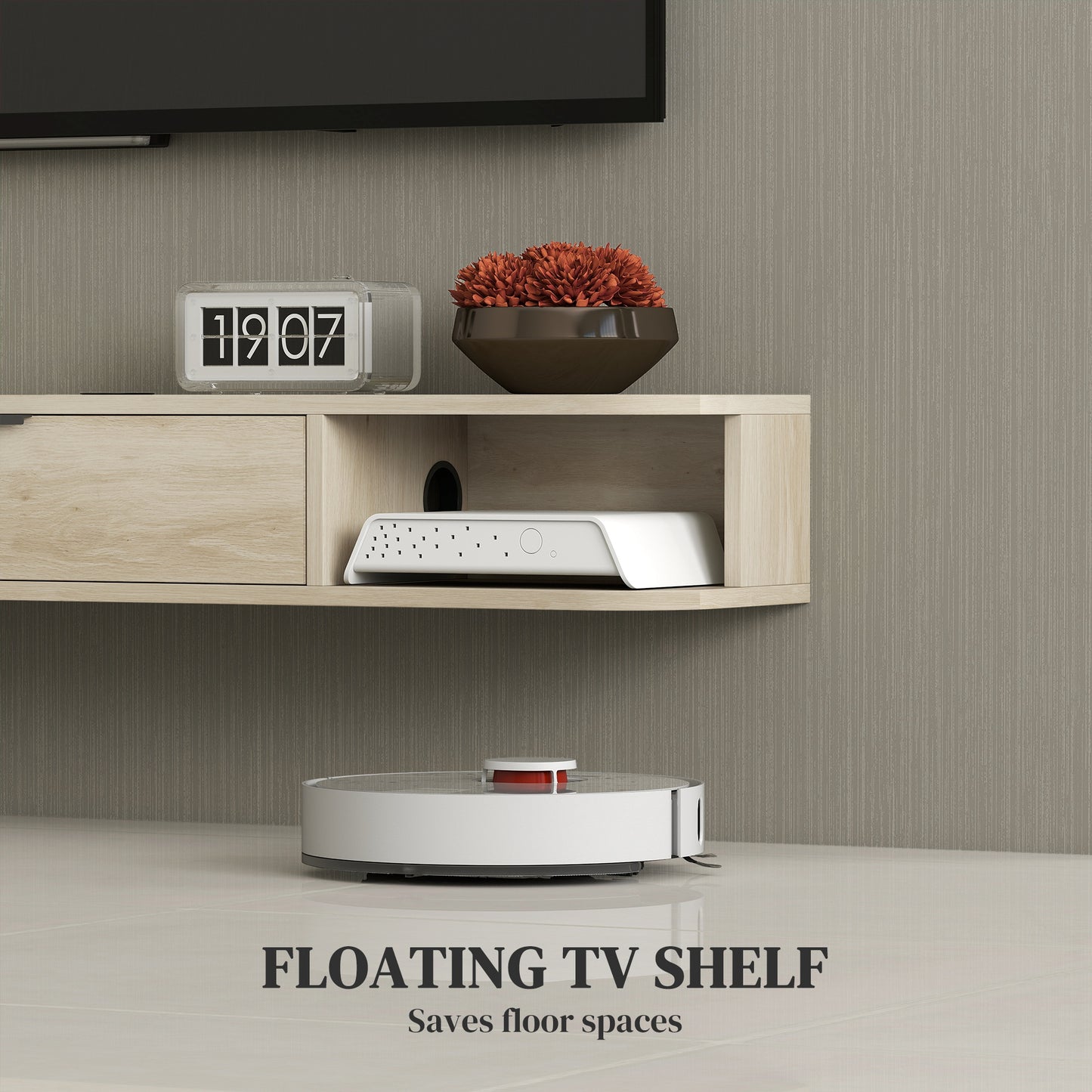HOMCOM 120 Cm Floating TV Unit Wall Mounted For TVs Up To 50 Inch Natural Finish With Concealed Cables And Drawer