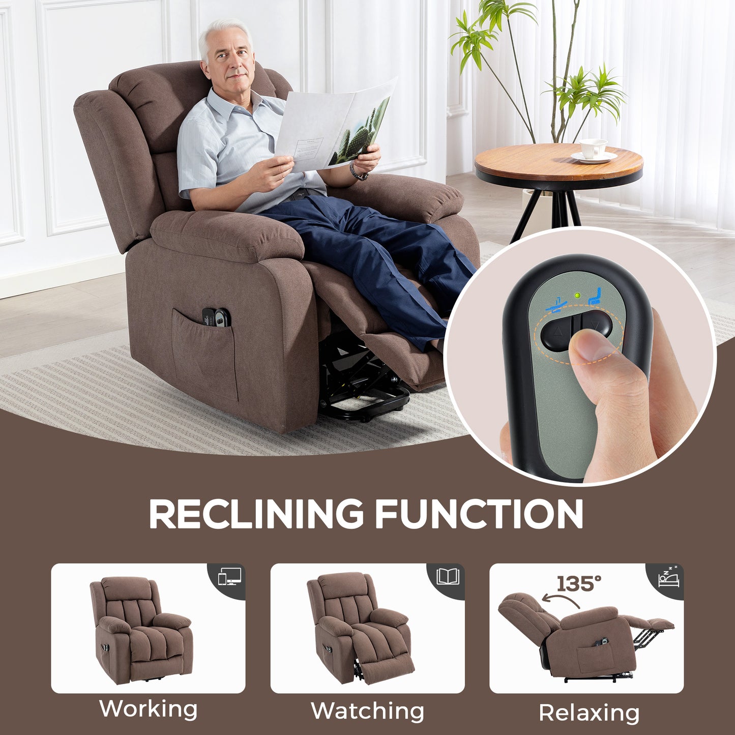HOMCOM Power Lift Recliner Chair With Vibration Massage Footrest For Elderly Remote Control And Side Pocket Dark Brown