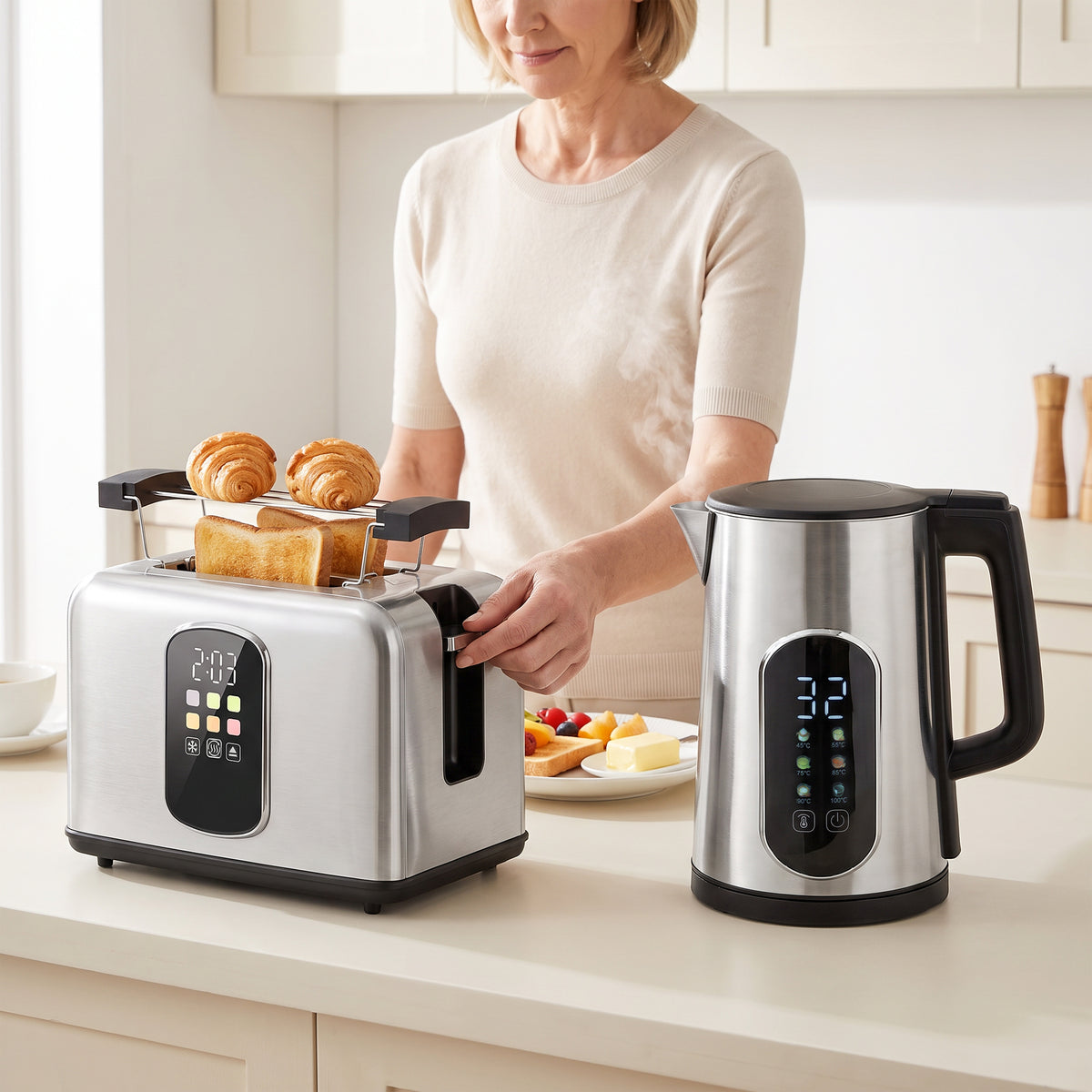 Stainless steel toaster and electric kettle with LED touch panels on countertop