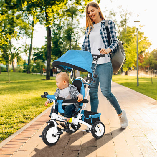 HOMCOM 4-in-1 Adjustable Toddler Tricycle with Canopy, Safety Belt, and Parent Handle for Ages 1-5 - Blue - ALL4U RETAILER LTD