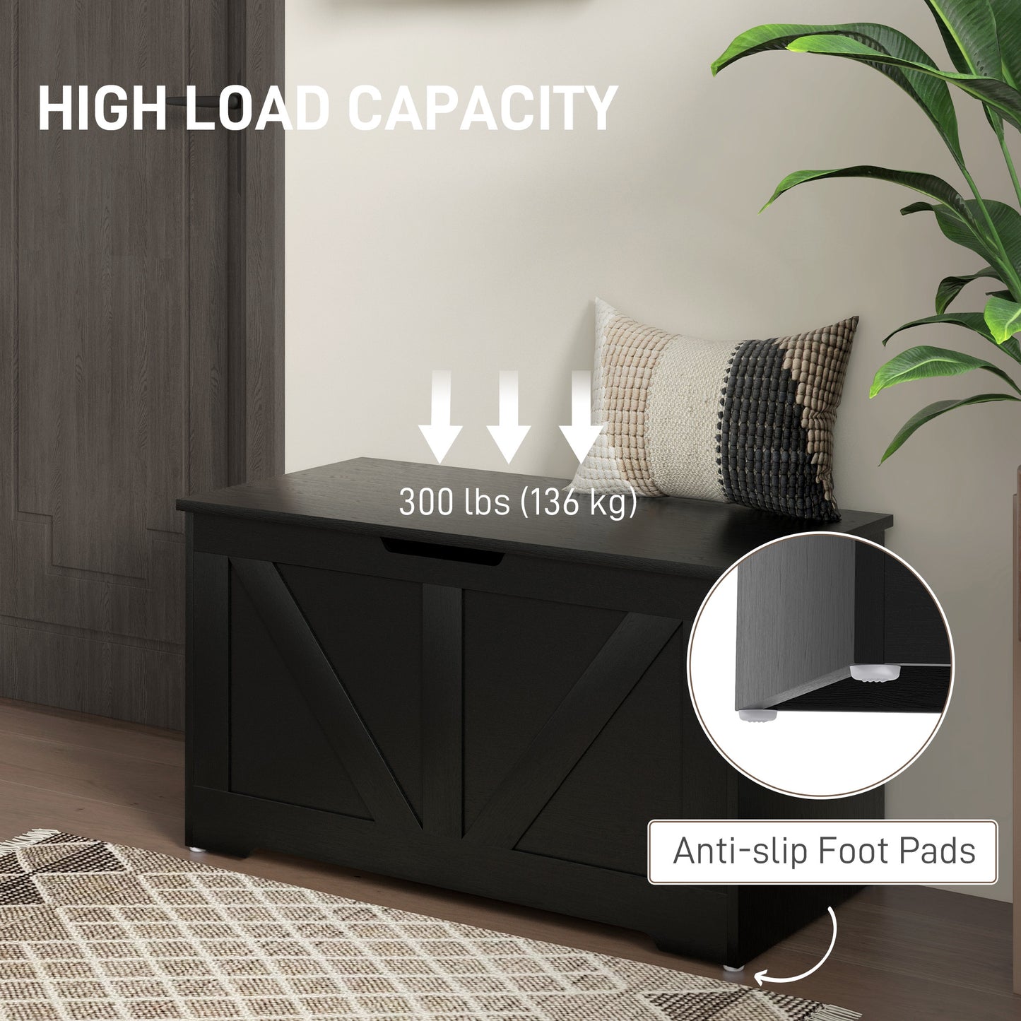 HOMCOM 100L Storage Ottoman Bench With Safety Hinges Black Wood Effect For Living Room Storage And Seating