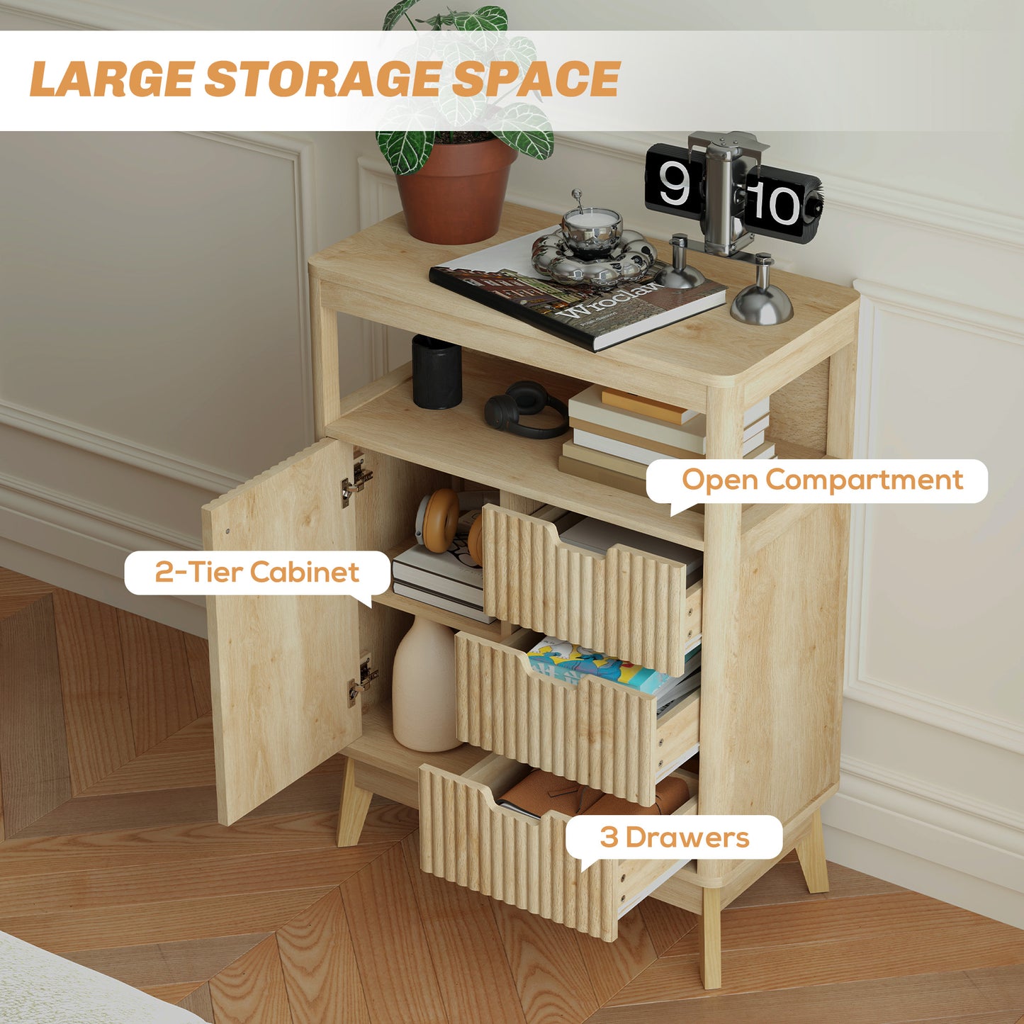 HOMCOM Small Sideboard With Drawers And Adjustable Shelf Natural Wood Finish Fluted Front Panels And Angled Legs