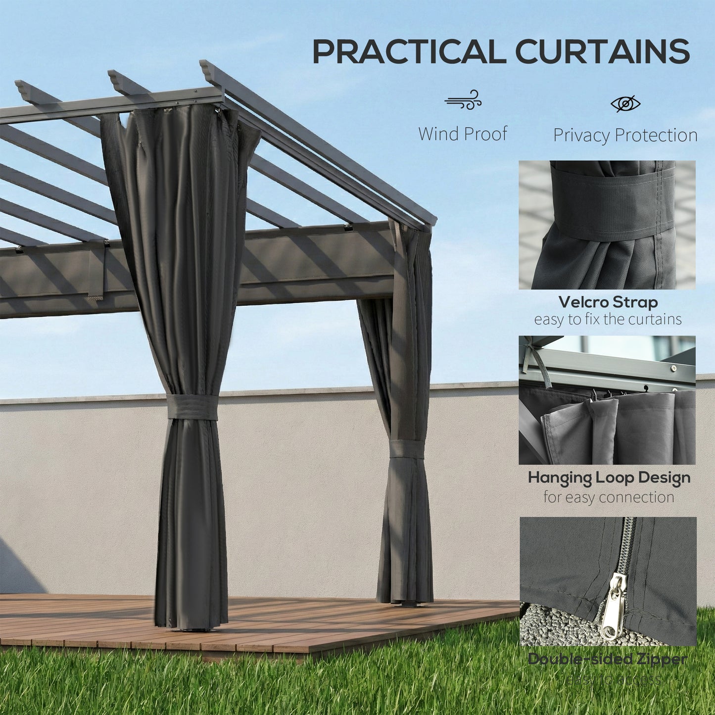 Outsunny 3.6 x 3 m Pergola With Retractable Roof Canopy Curtains Aluminium Garden Gazebo Sun Shade Shelter Dark Grey