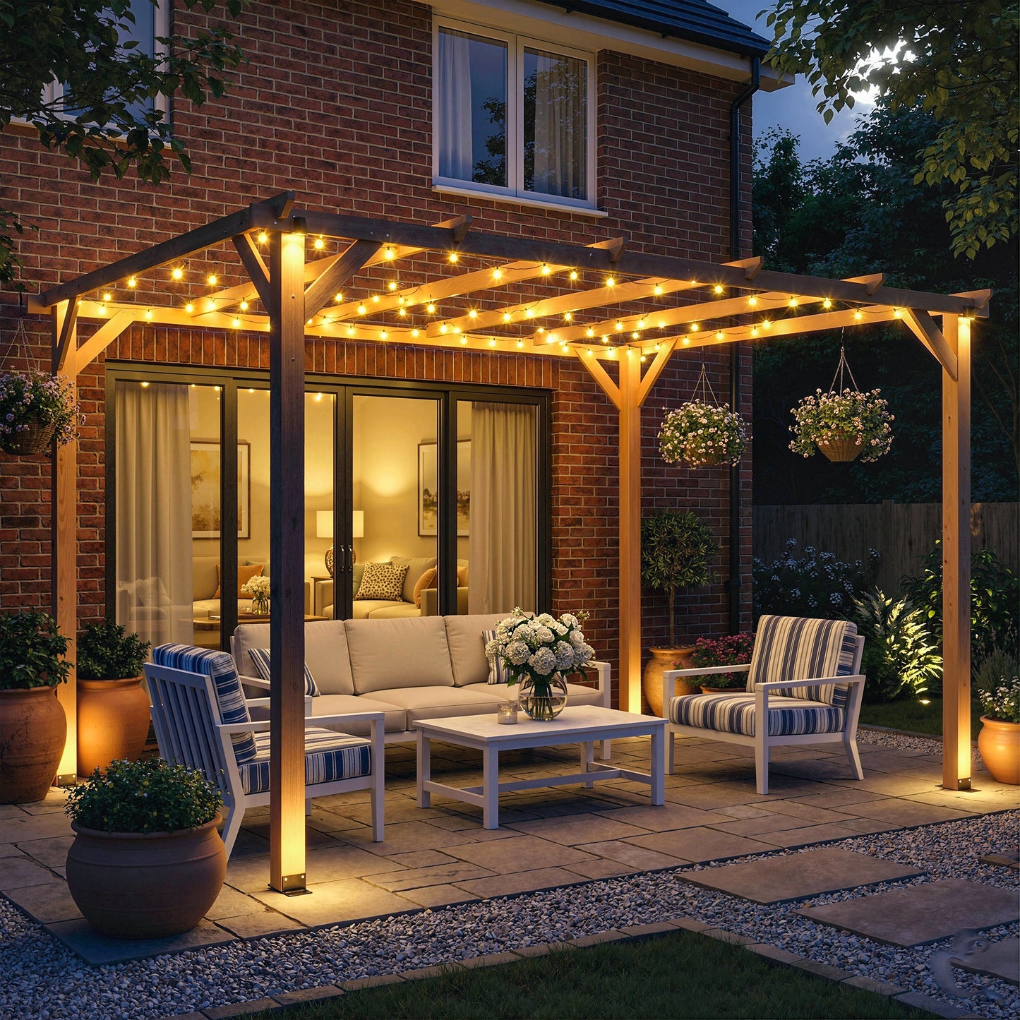 Outsunny 4x3 Meter Wooden Pergola Kit for Garden Gazebo Grape Trellis with Triangle Supports 6 Beams Maple Wood Effect