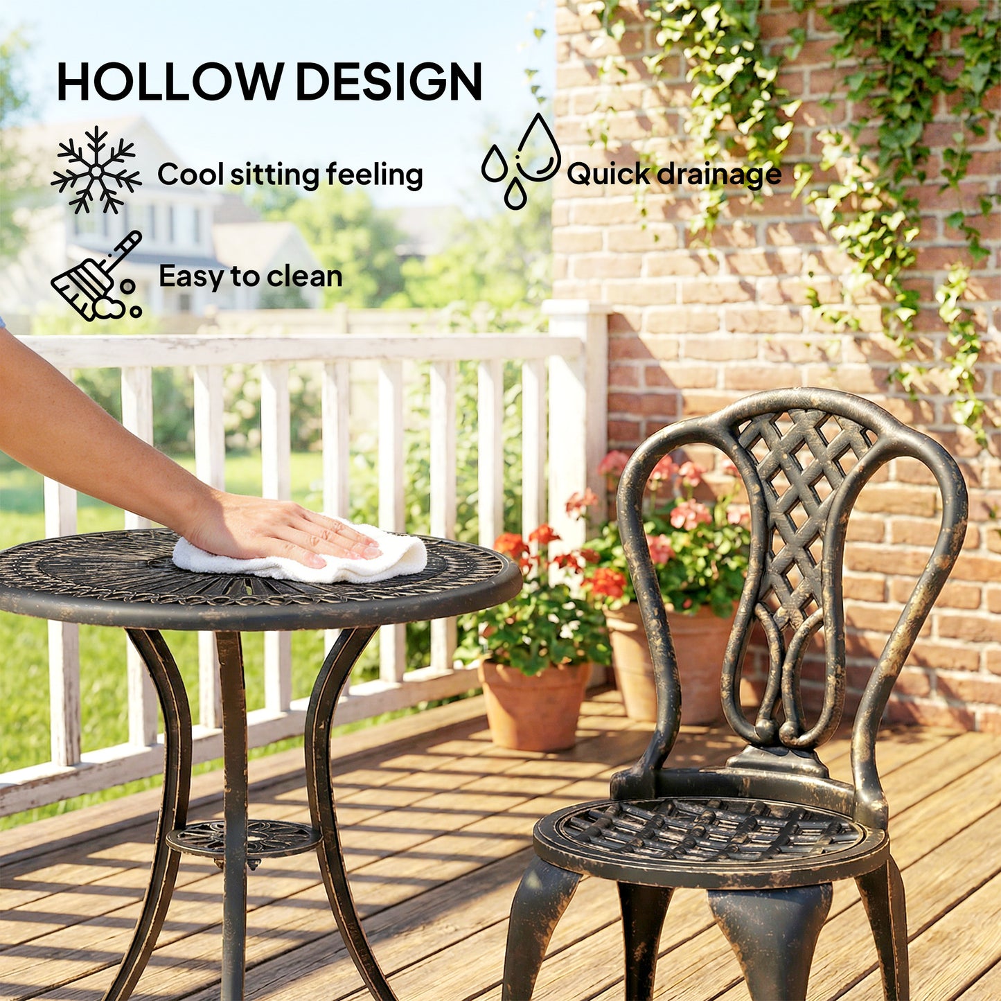 Outsunny Outdoor Bistro Set for 2 Cast Aluminum Patio Furniture Round Table with Umbrella Hole Brown