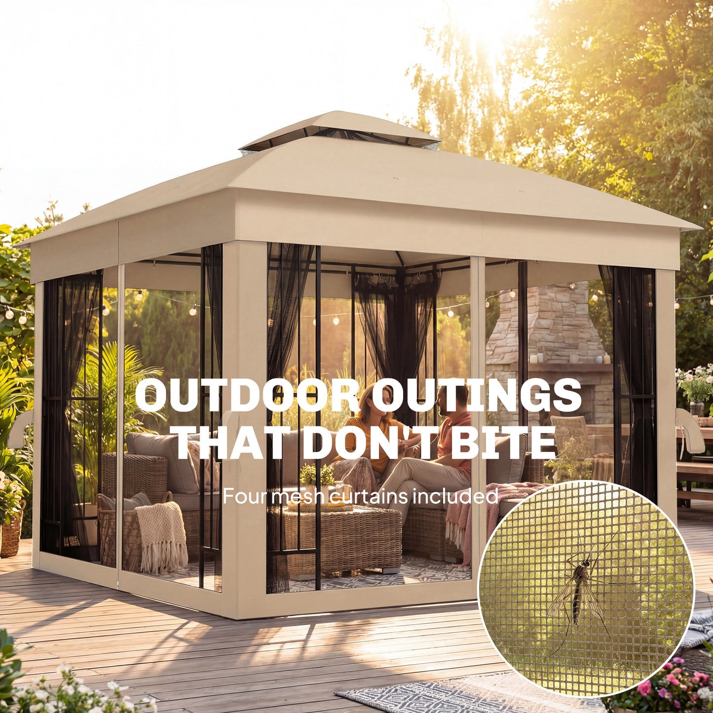 Outsunny 3x3 m Outdoor Garden Gazebo With Post Shelves Mesh Panels And Double Roof UPF50+ Permanent Pavilion Brown