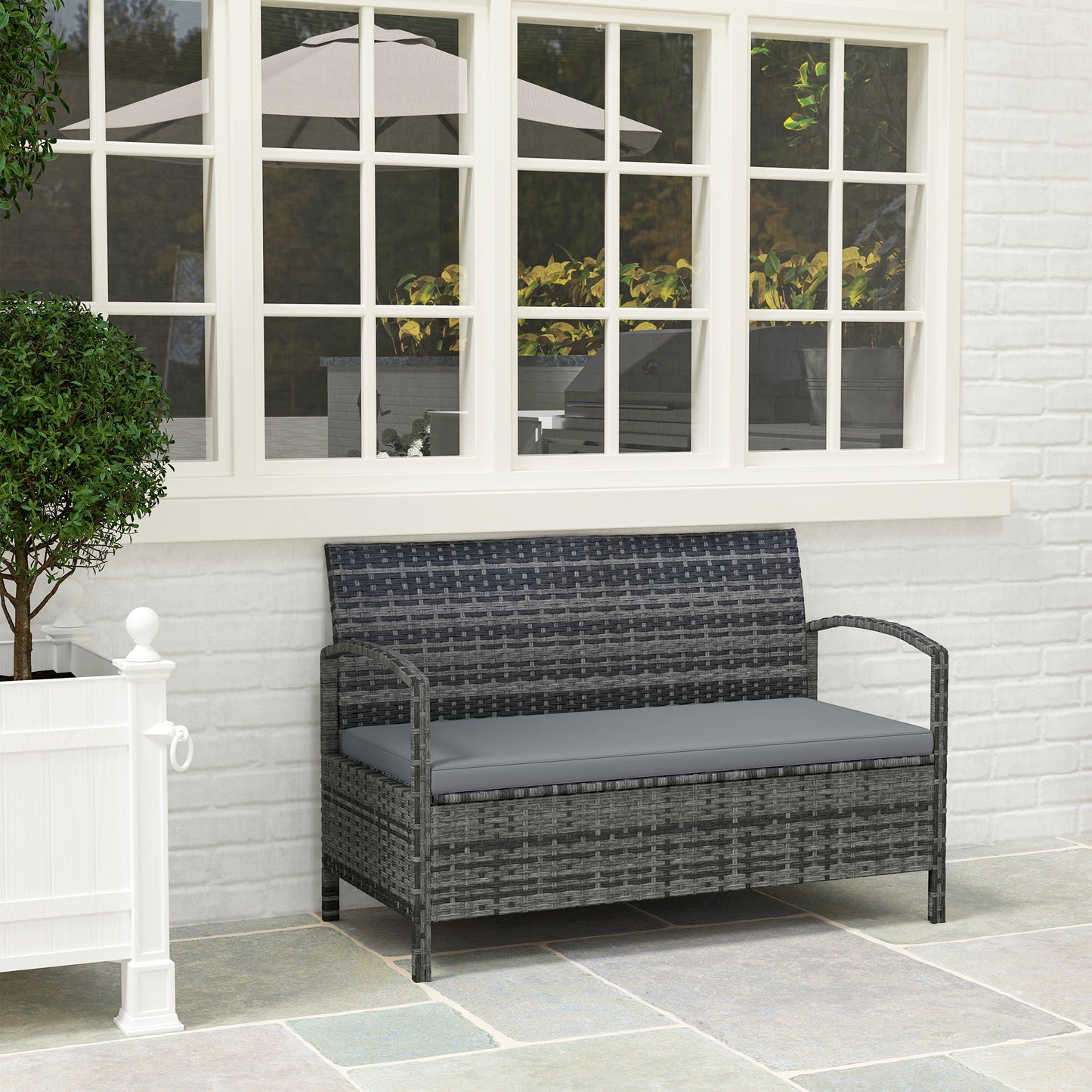 Outsunny 125L Storage Garden Bench With Cushion Grey Two In One Rattan Wicker Seat And Storage Box