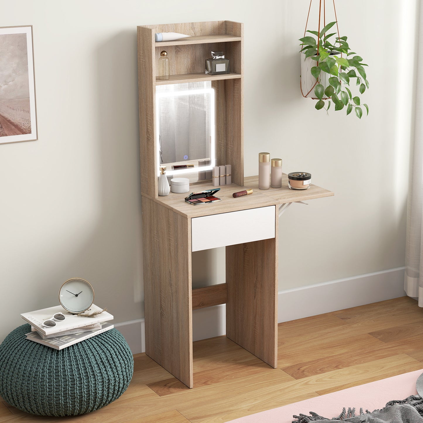 HOMCOM Small Vanity Desk With Mirror And Led Lights Compact Dressing Table With Drop Leaf Open Shelves Natural Wood