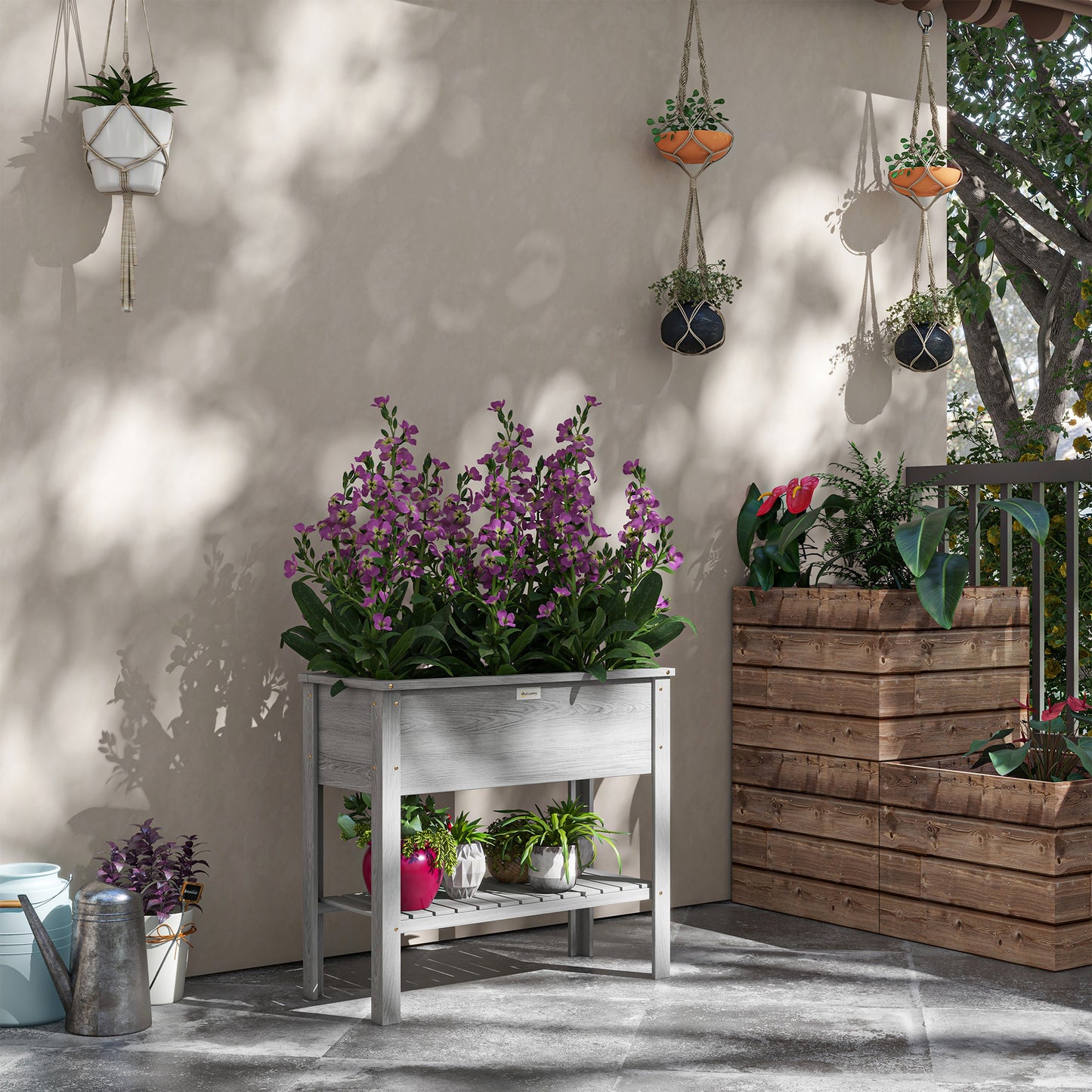 Outsunny Wooden Raised Garden Bed With Storage Shelf And Drainage Holes Elevated Planter Box On Legs Grey
