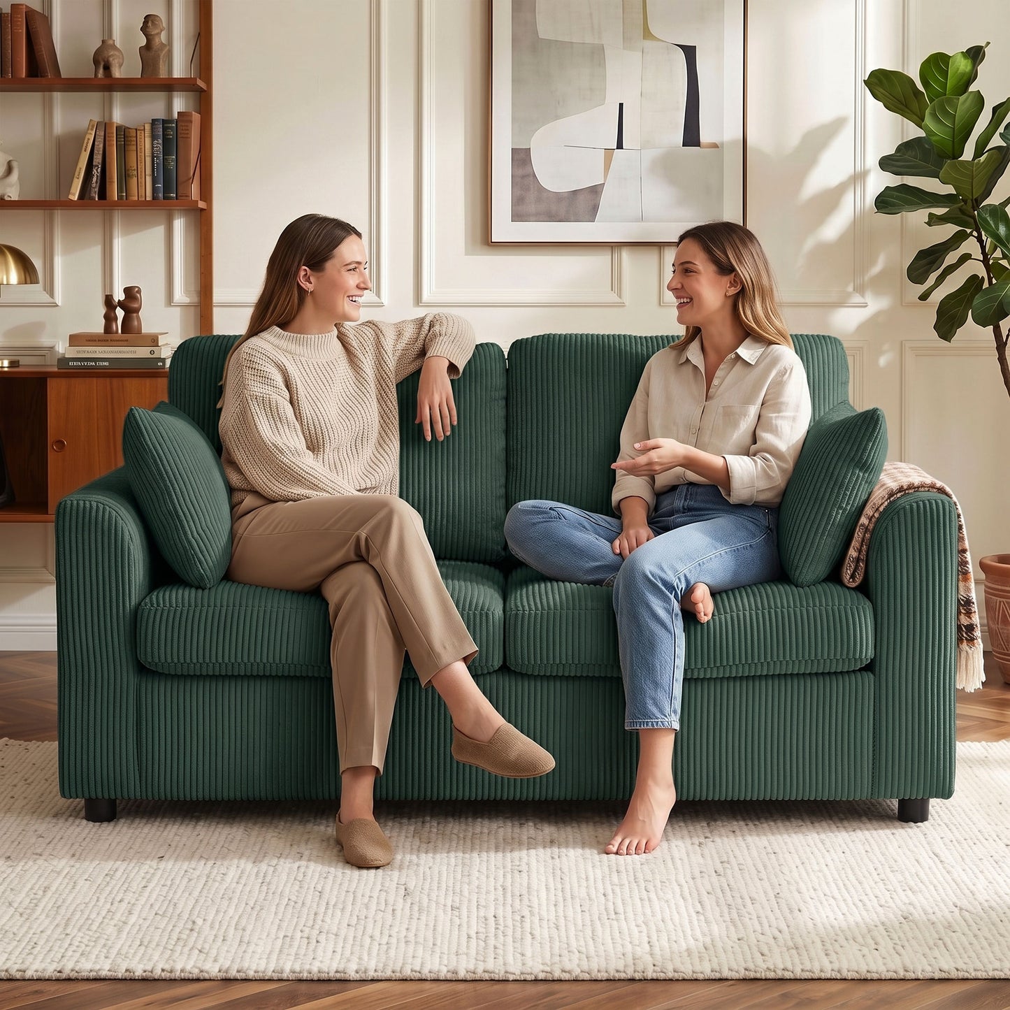 HOMCOM 2 Seater Sofa Corduroy Couch with Pocket Springs Deep Seat Upholstery Dark Green