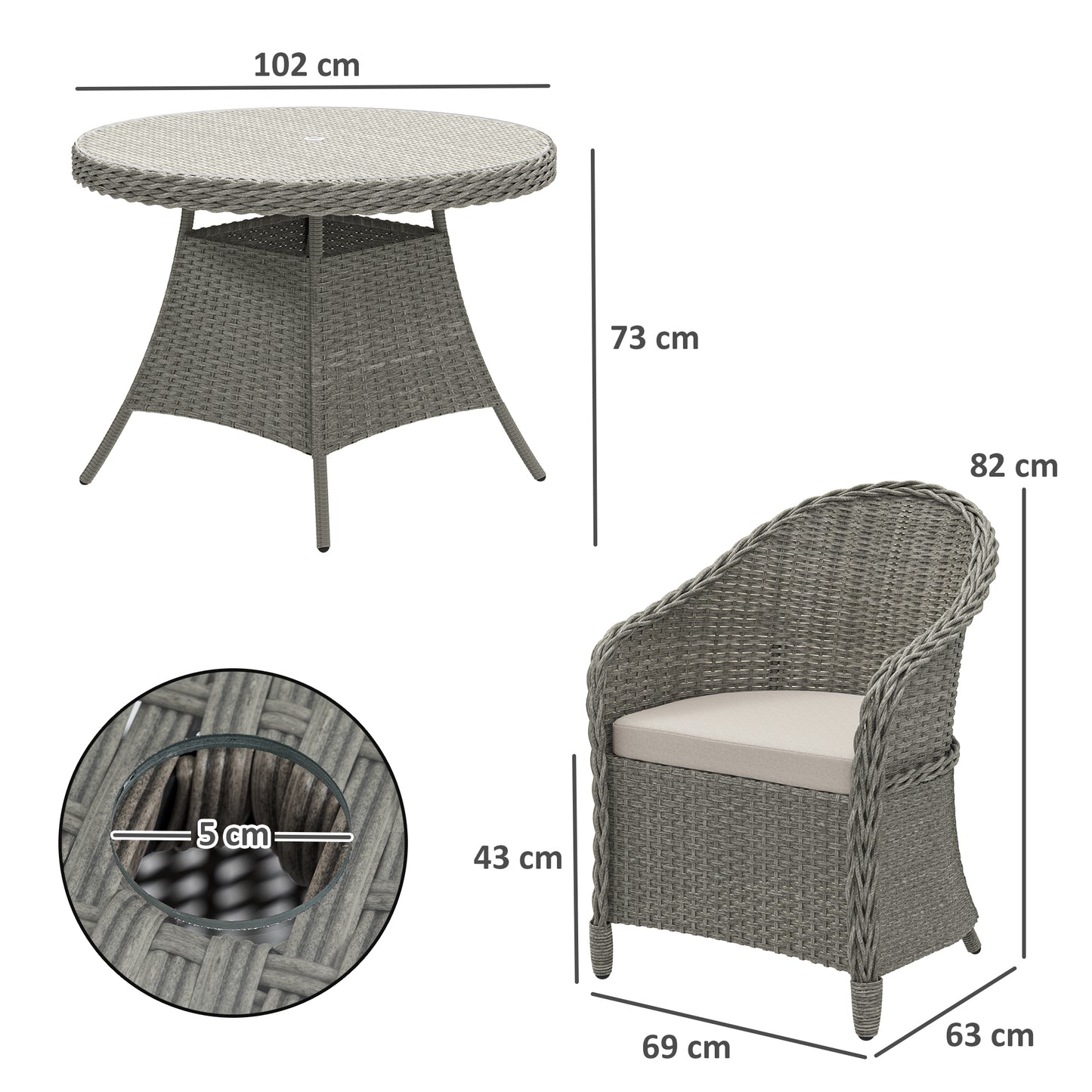 Outsunny 4 Seater Rattan Furniture Set With Cushions Round PE Rattan Dining Set Glass Top Table Umbrella Hole Grey