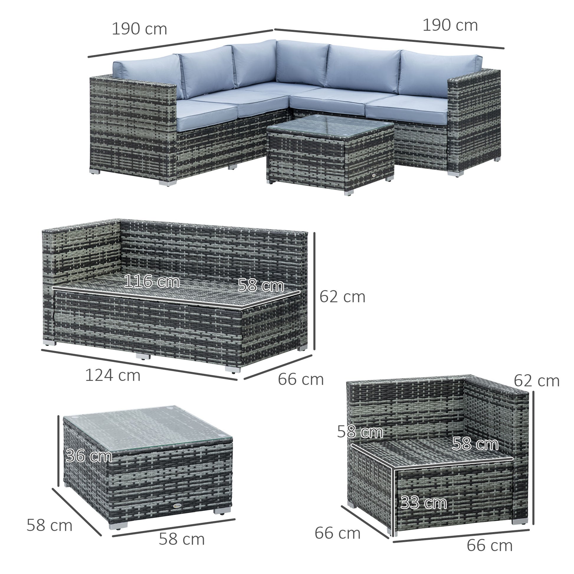 HOMCOM Outdoor 5-Piece Grey Rattan Sofa Set with Coffee Table and Cushions - ALL4U RETAILER LTD