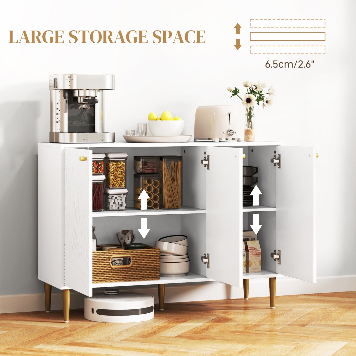 HOMCOM Elegant Two Cupboard Sideboard White Gold Tone With Adjustable Shelves Durable Melamine Finish